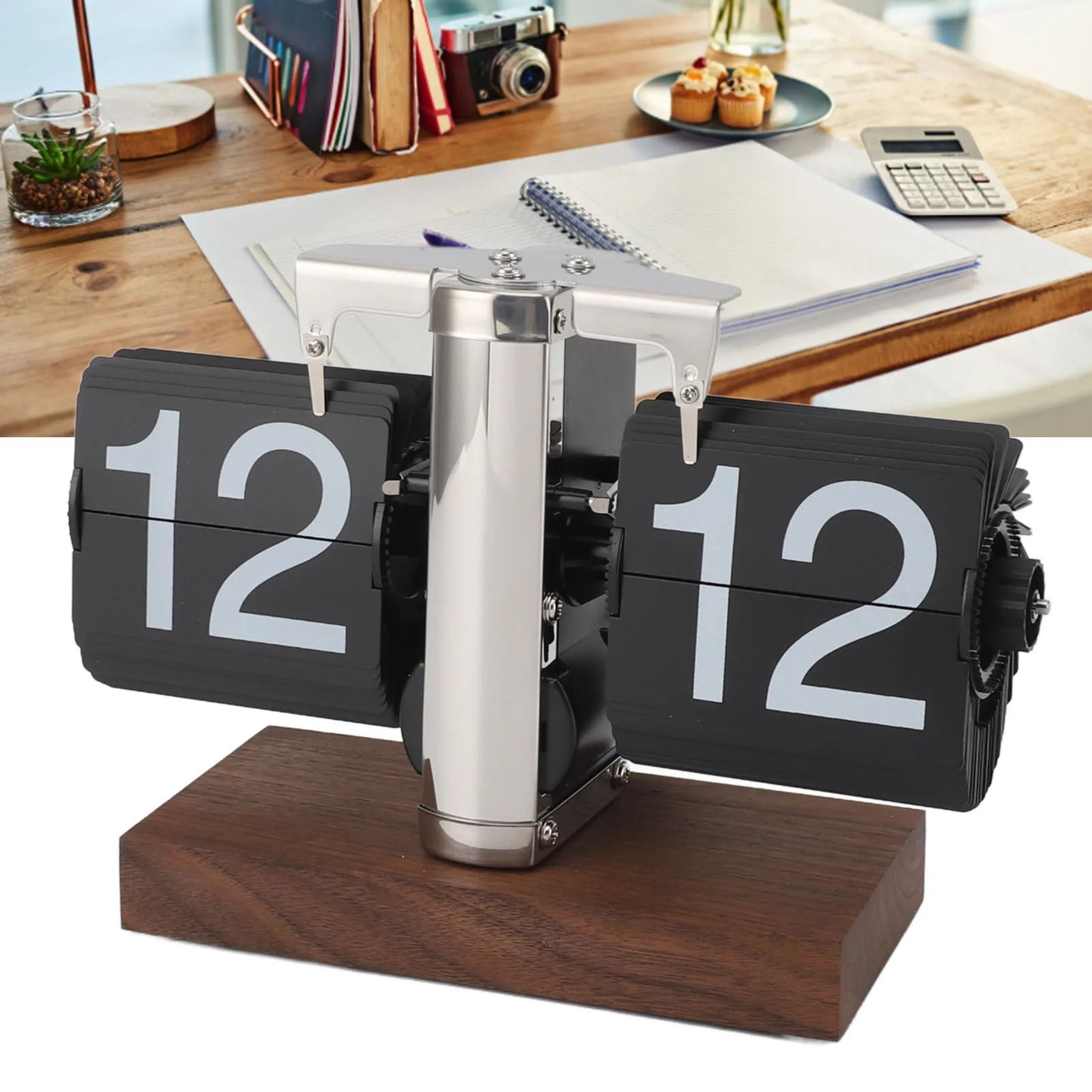 Retro Mechanical Flip Desk Clock With Wood Base 24 Hour Display 5