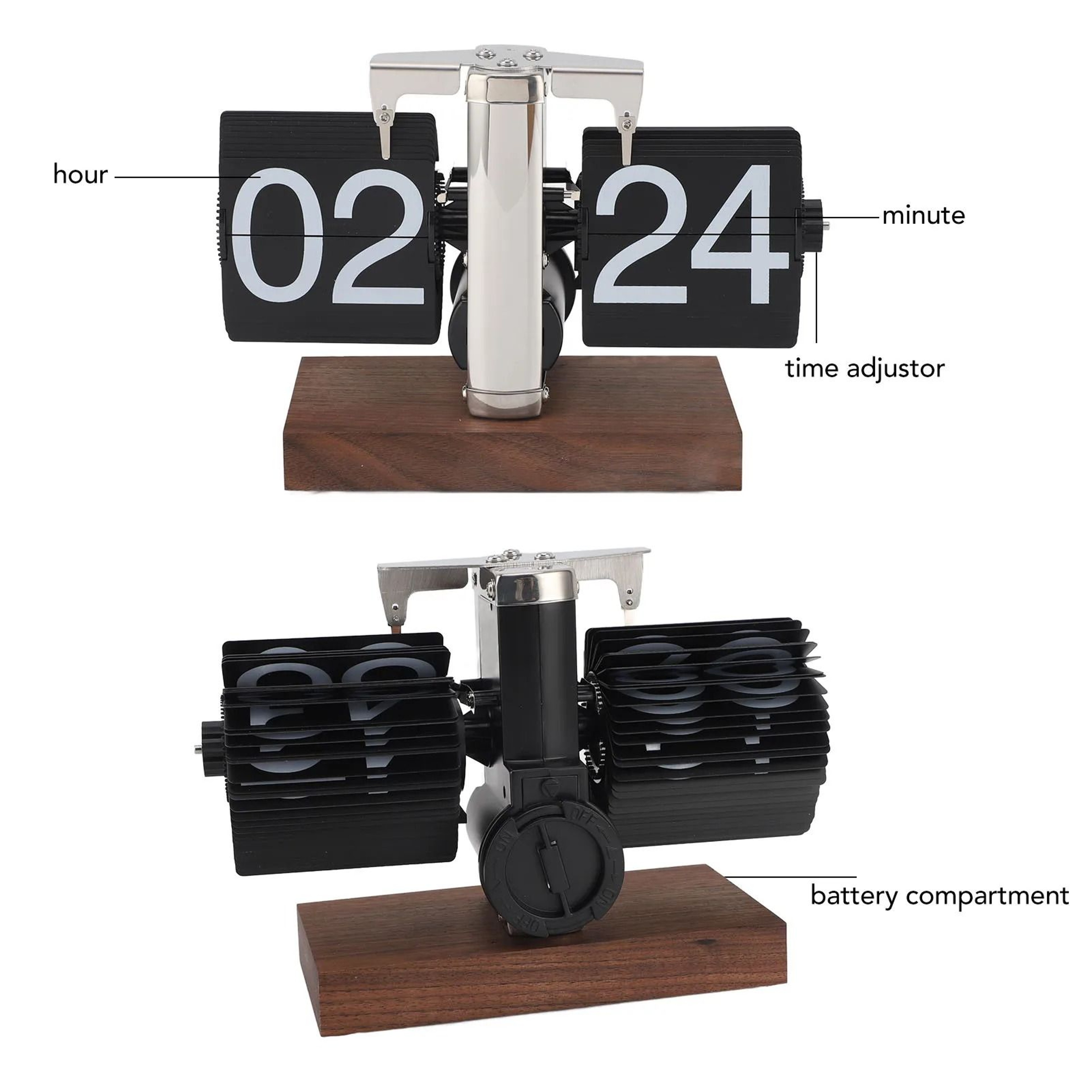 Retro Mechanical Flip Desk Clock With Wood Base 24 Hour Display 3