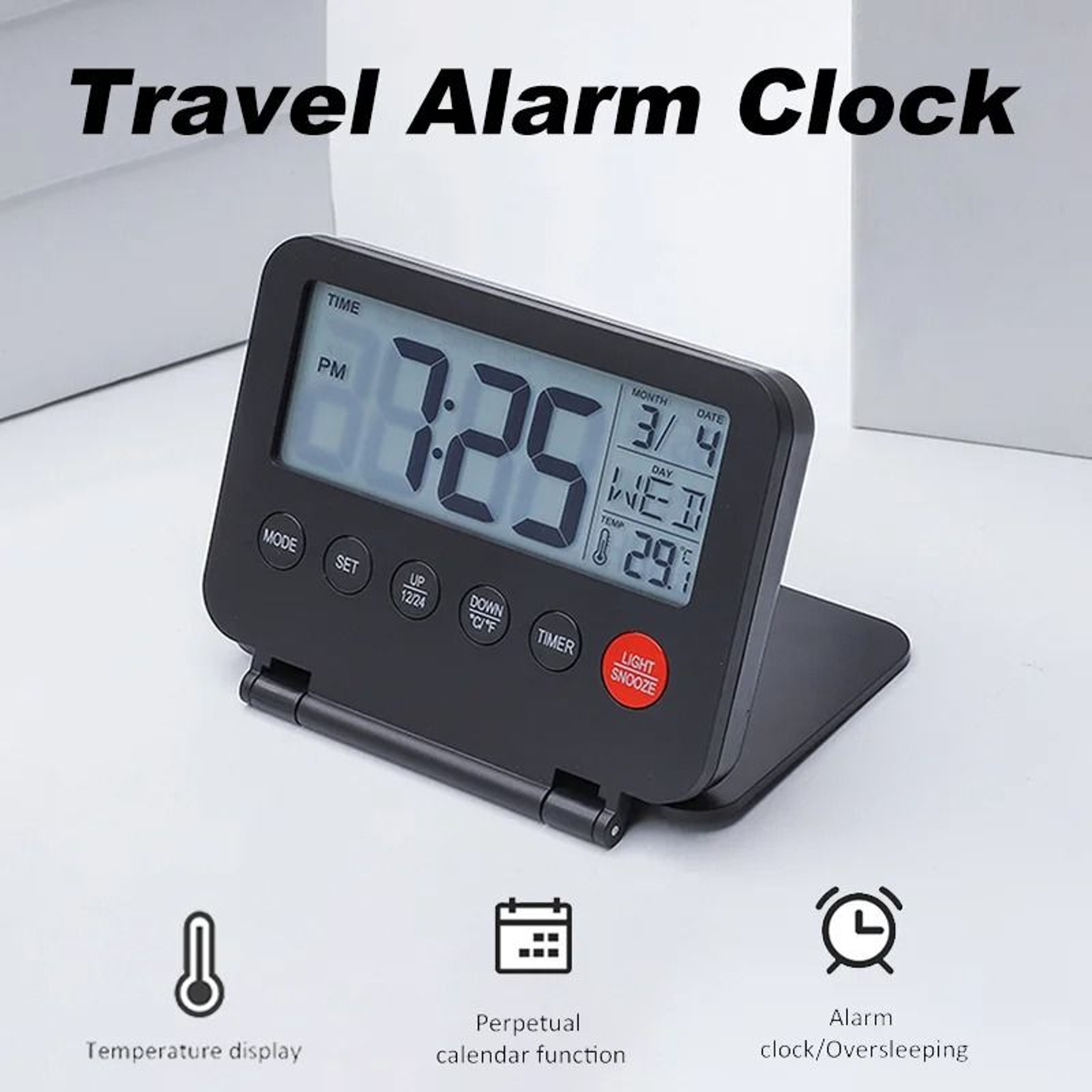 Ultra Thin Foldable Digital Travel Alarm Clock With Calendar Temperature And Snooze 0