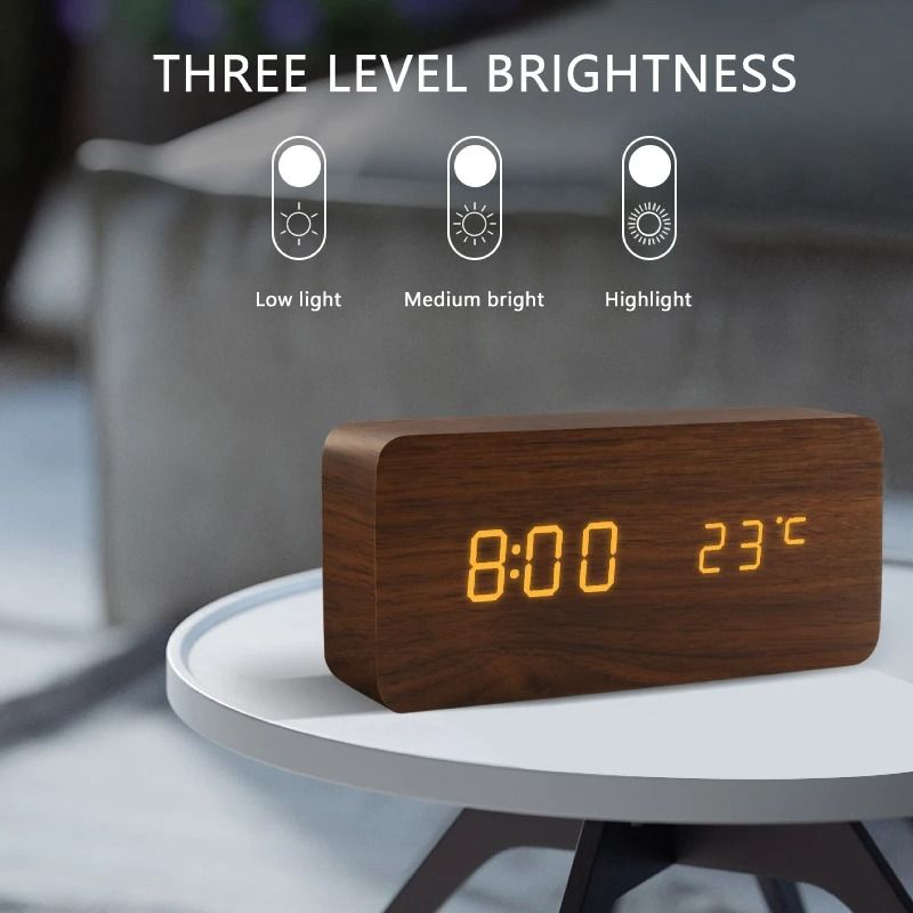 Wood Grain LED Digital Alarm Clock With Voice Control And Temperature Display 11
