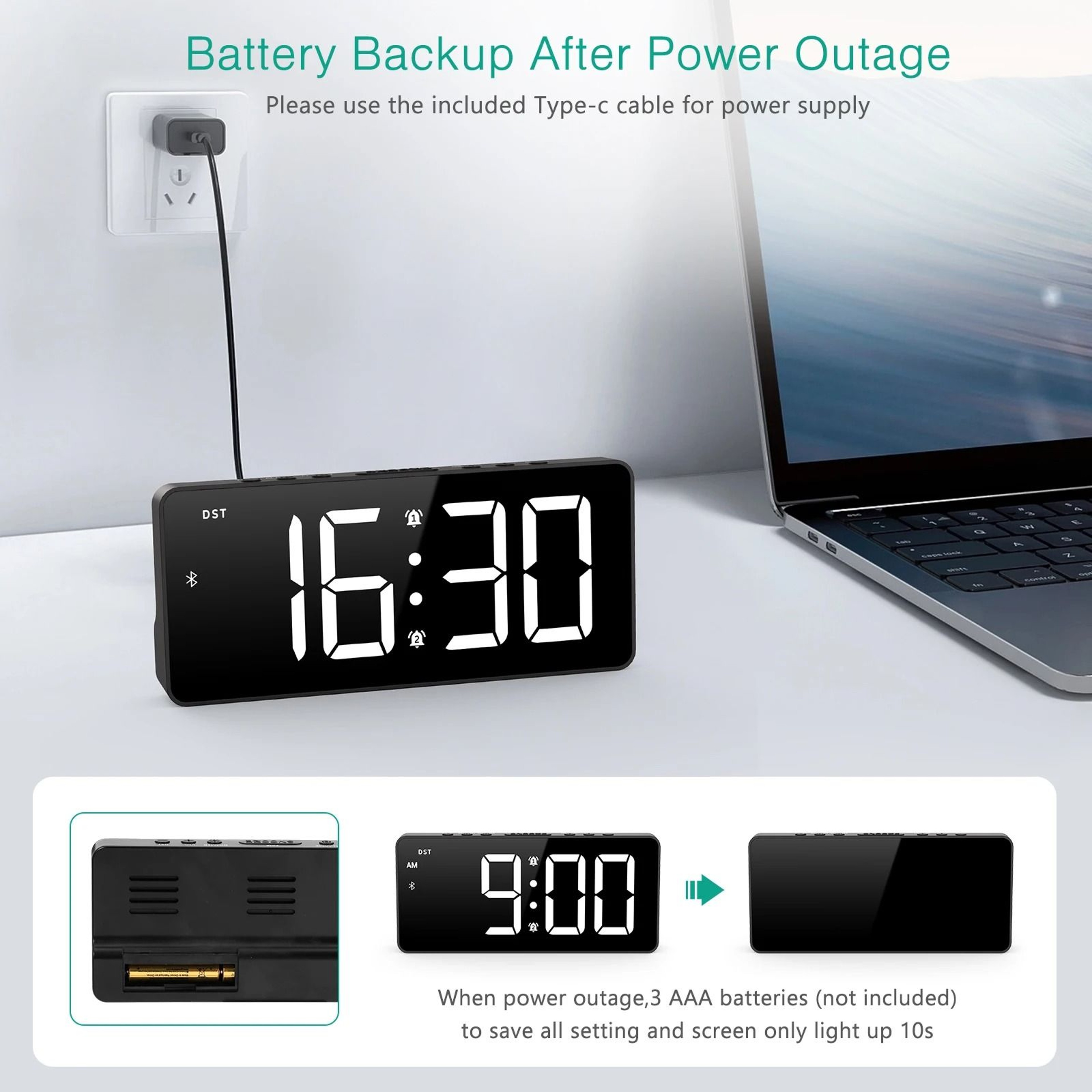 ORIA 7 Inch LED Alarm Clock With Bluetooth Time Sync 3