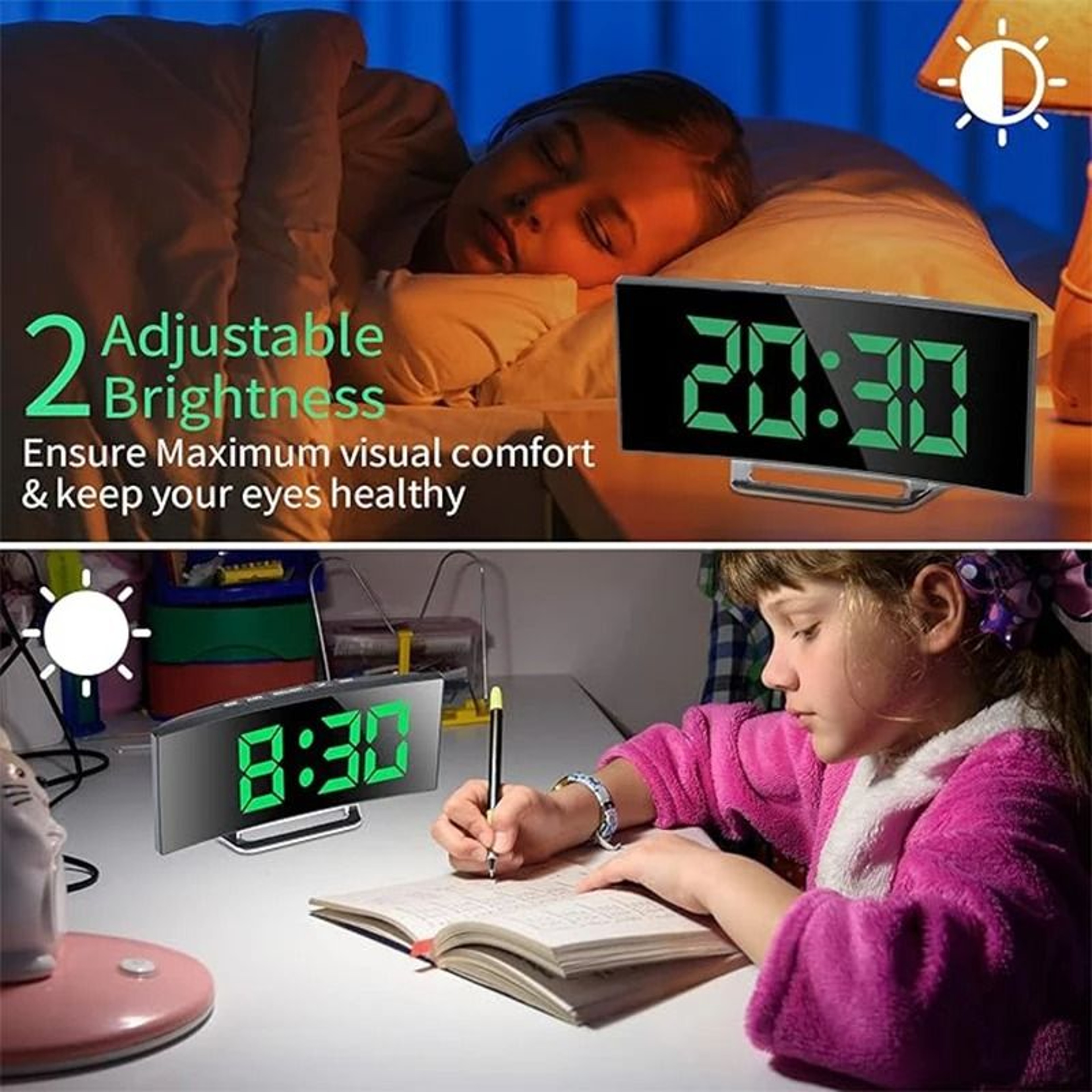 Modern LED Digital Alarm Clock With Curved Mirror Large Display 4