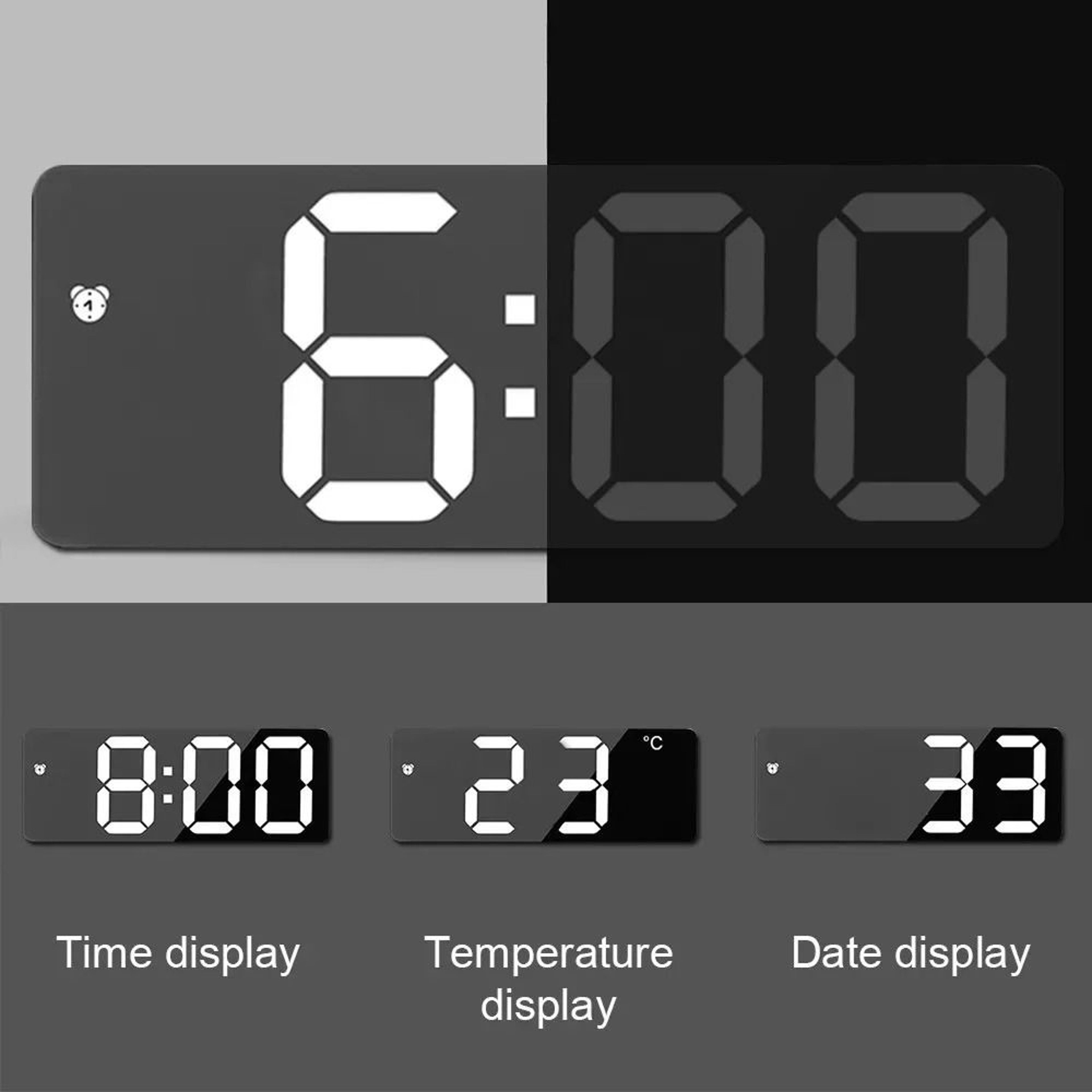 Modern LED Digital Alarm Clock With Curved Mirror And Temperature Display 12