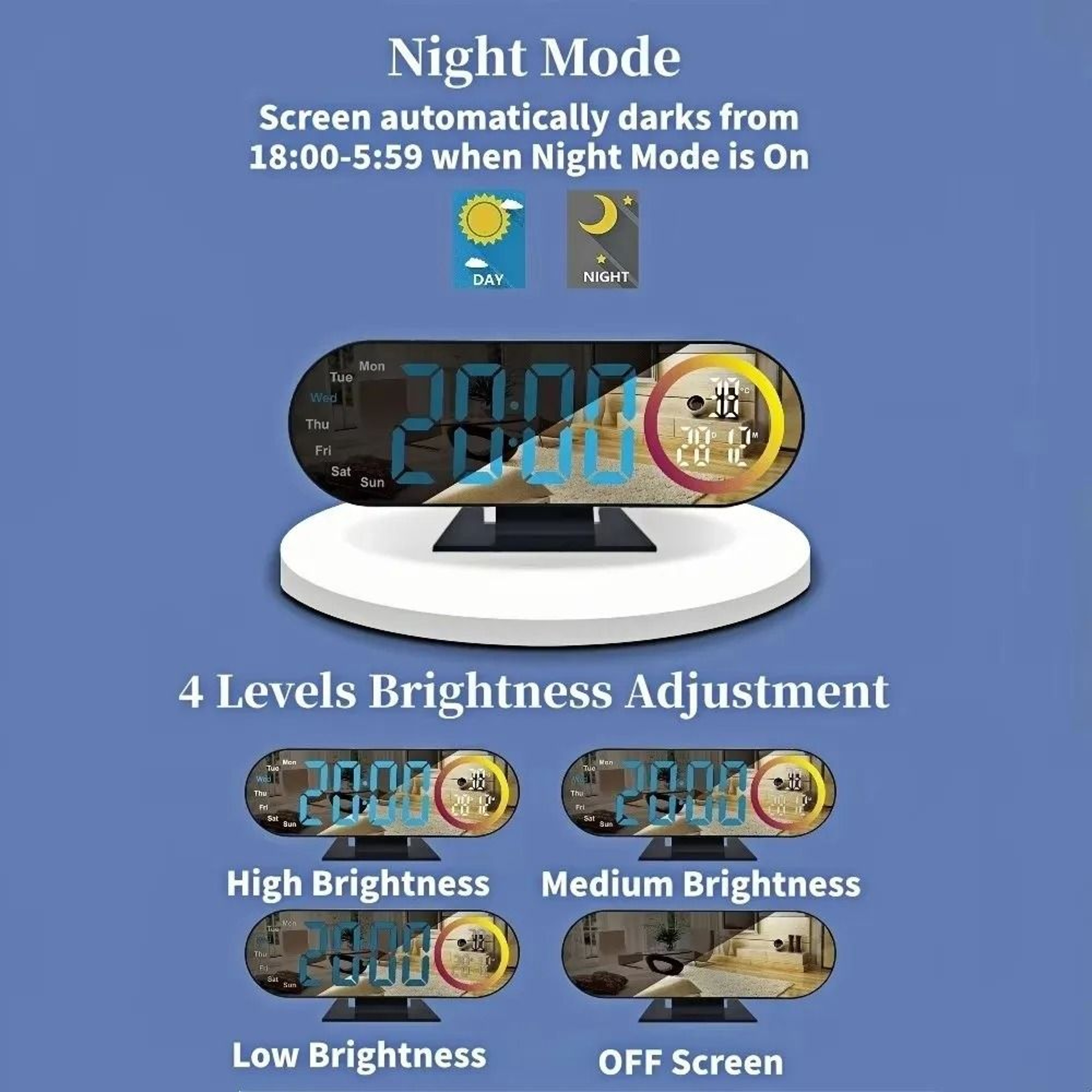 Modern LED Mirror Alarm Clock With RGB Mood Light And Voice Control 7