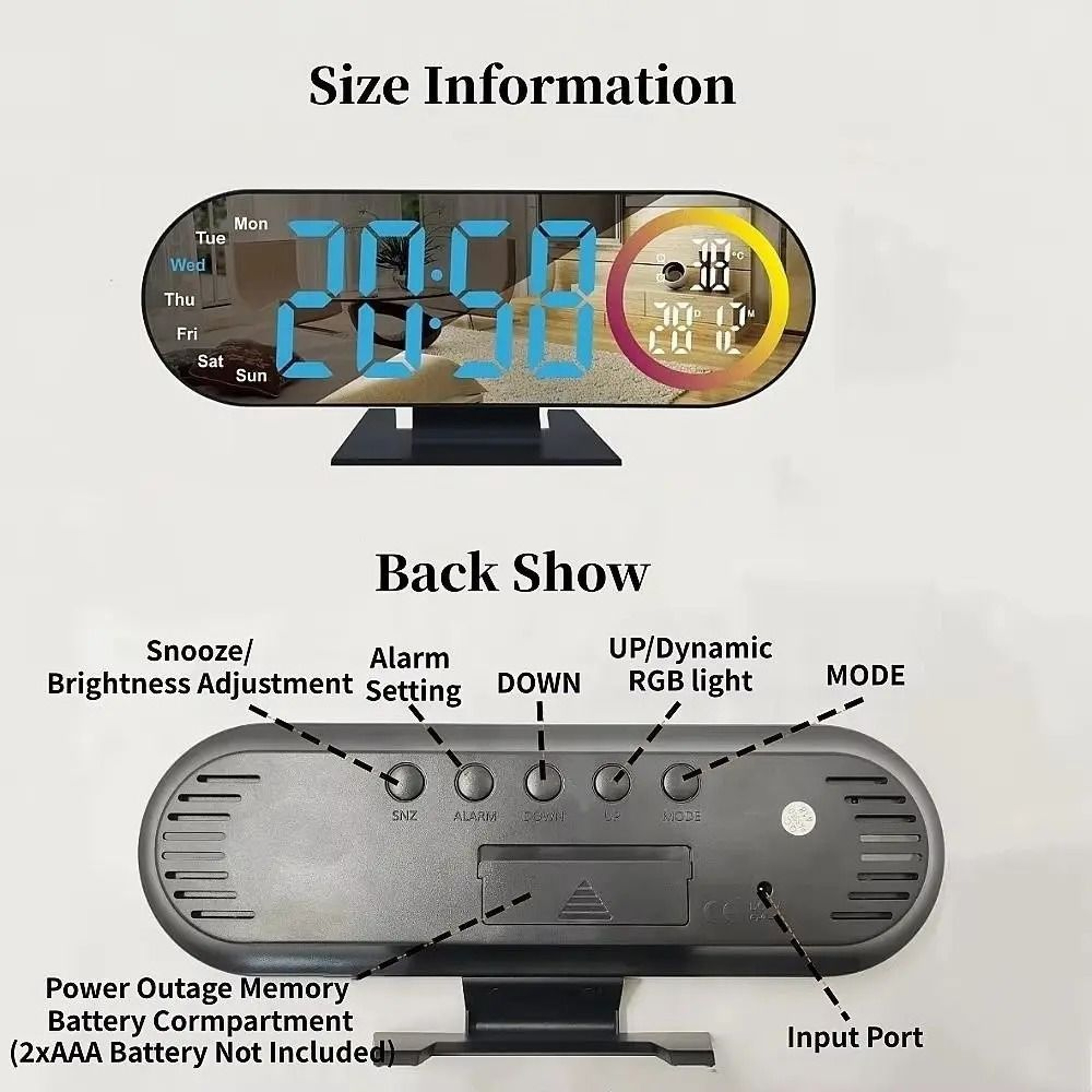 Modern LED Mirror Alarm Clock With RGB Mood Light And Voice Control 8