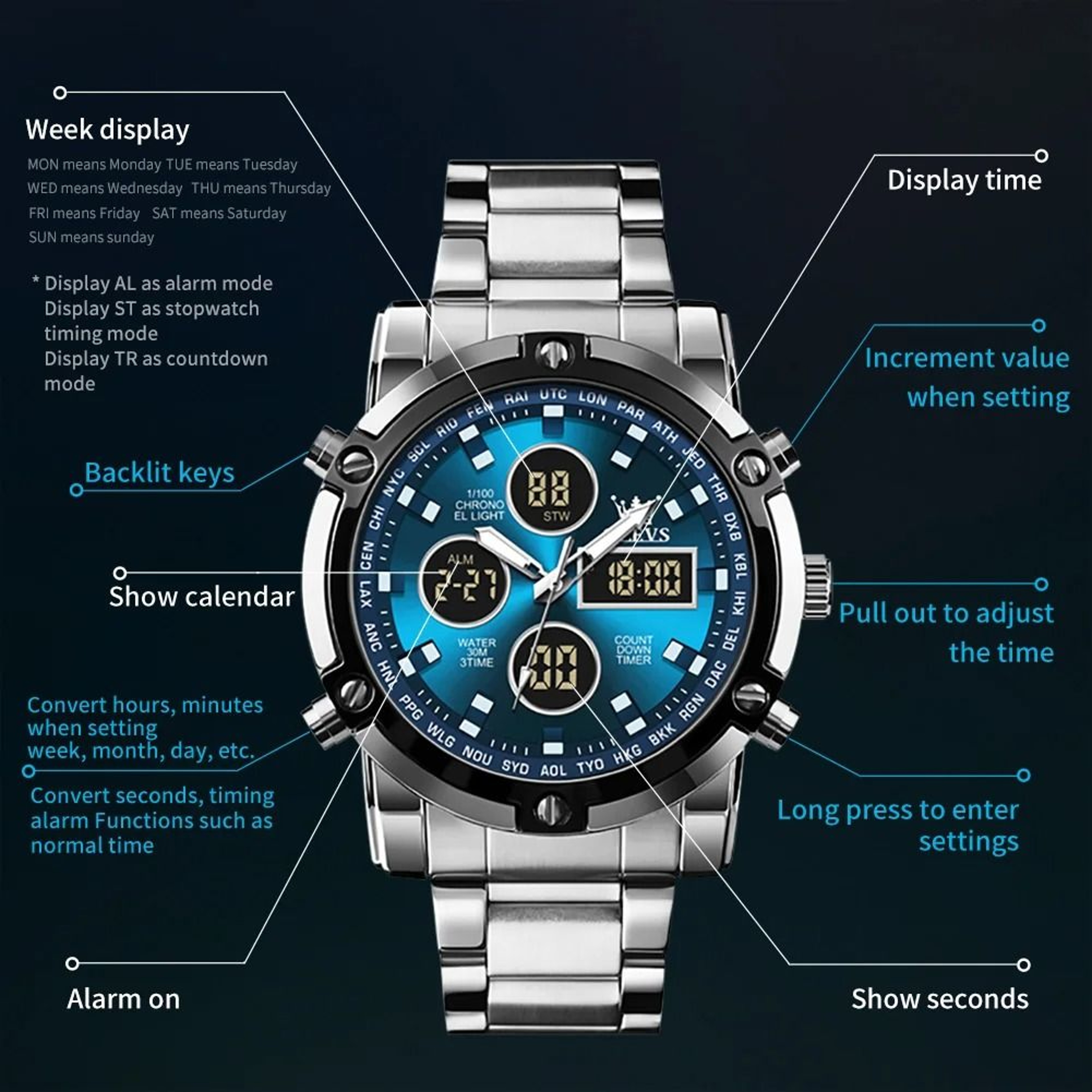 OLEVS Mens Multifunction Watch Waterproof Luminous Digital Wristwatch 5