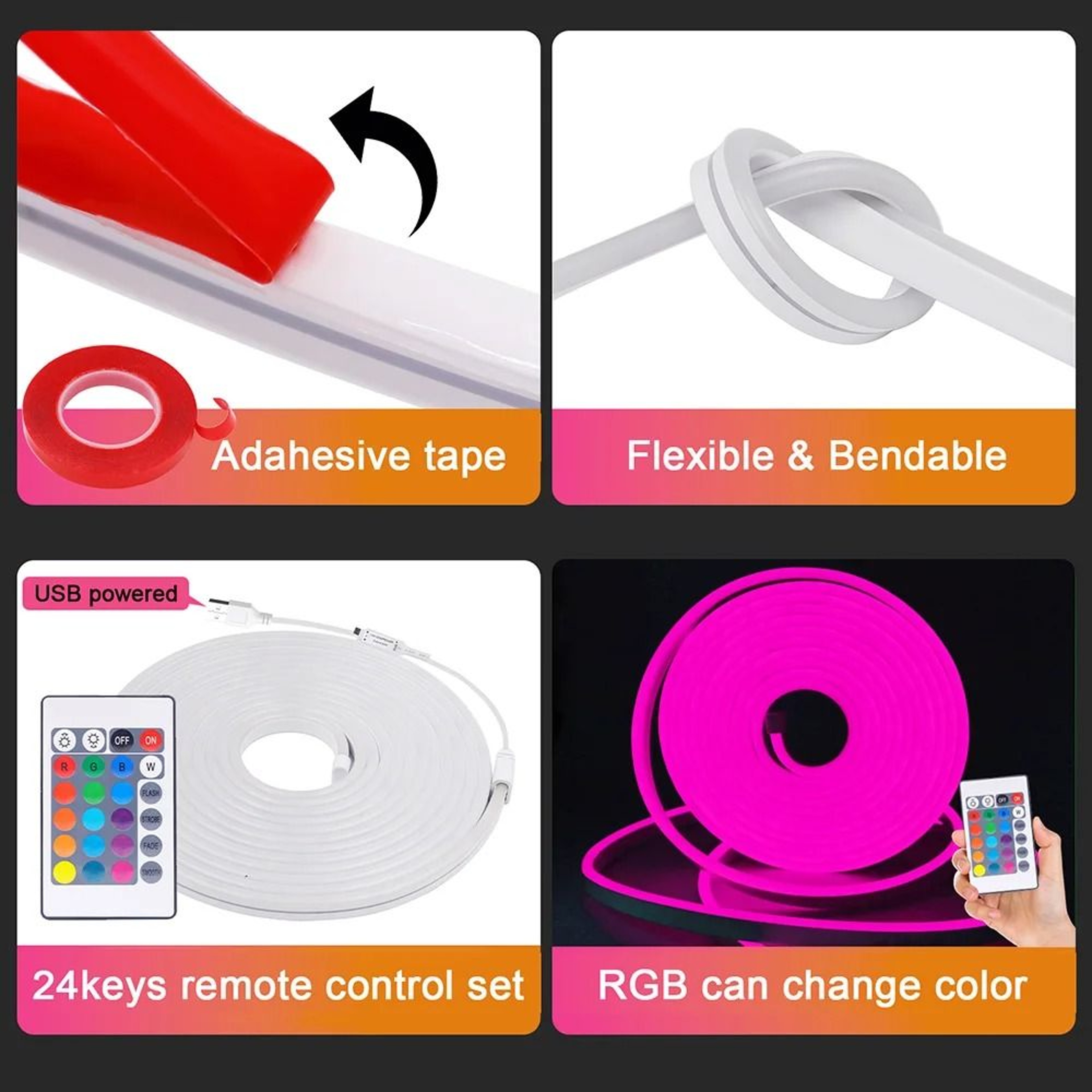 5V USB RGB LED Neon Strip Light With 24Key Remote 4