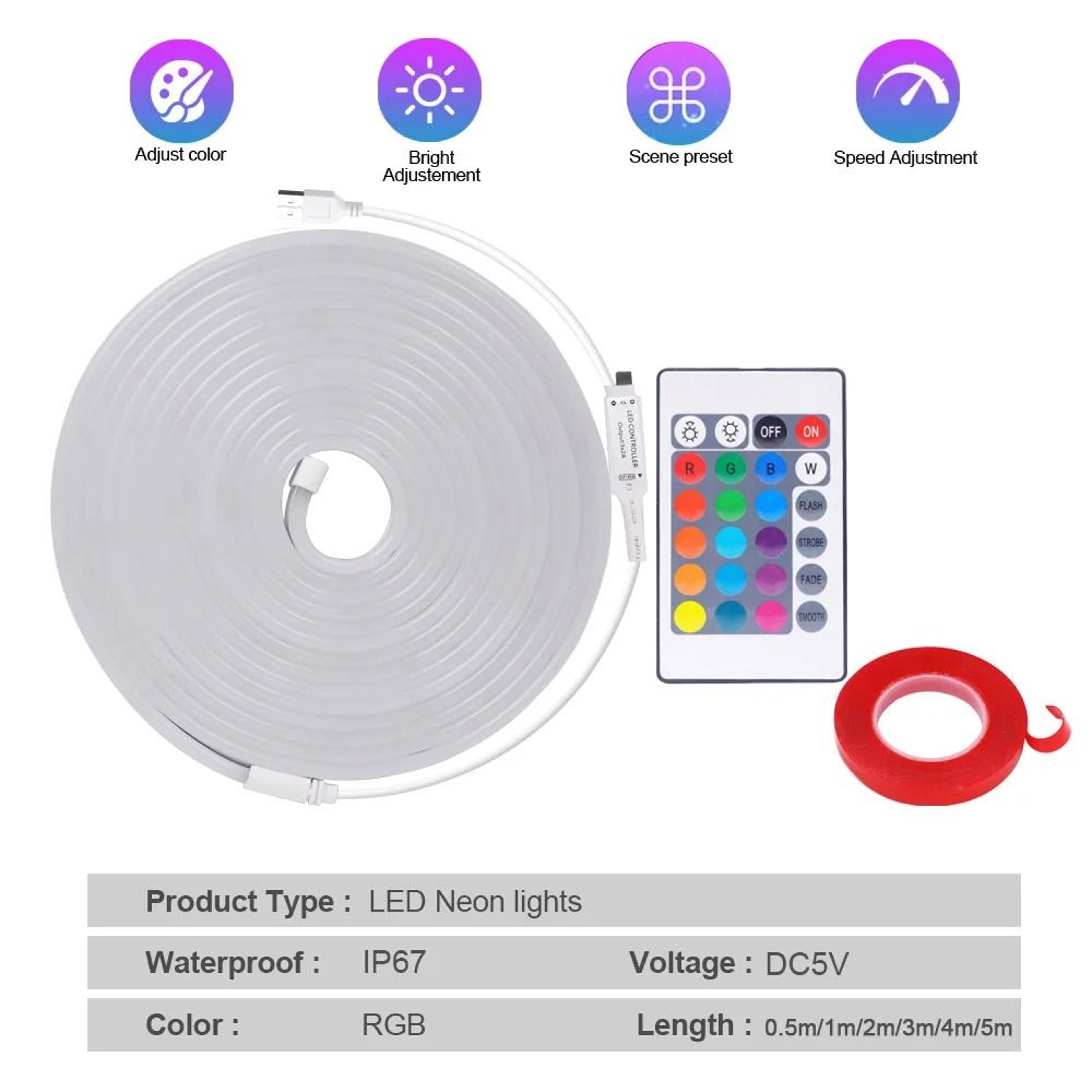 5V USB RGB LED Neon Strip Light With 24Key Remote 2