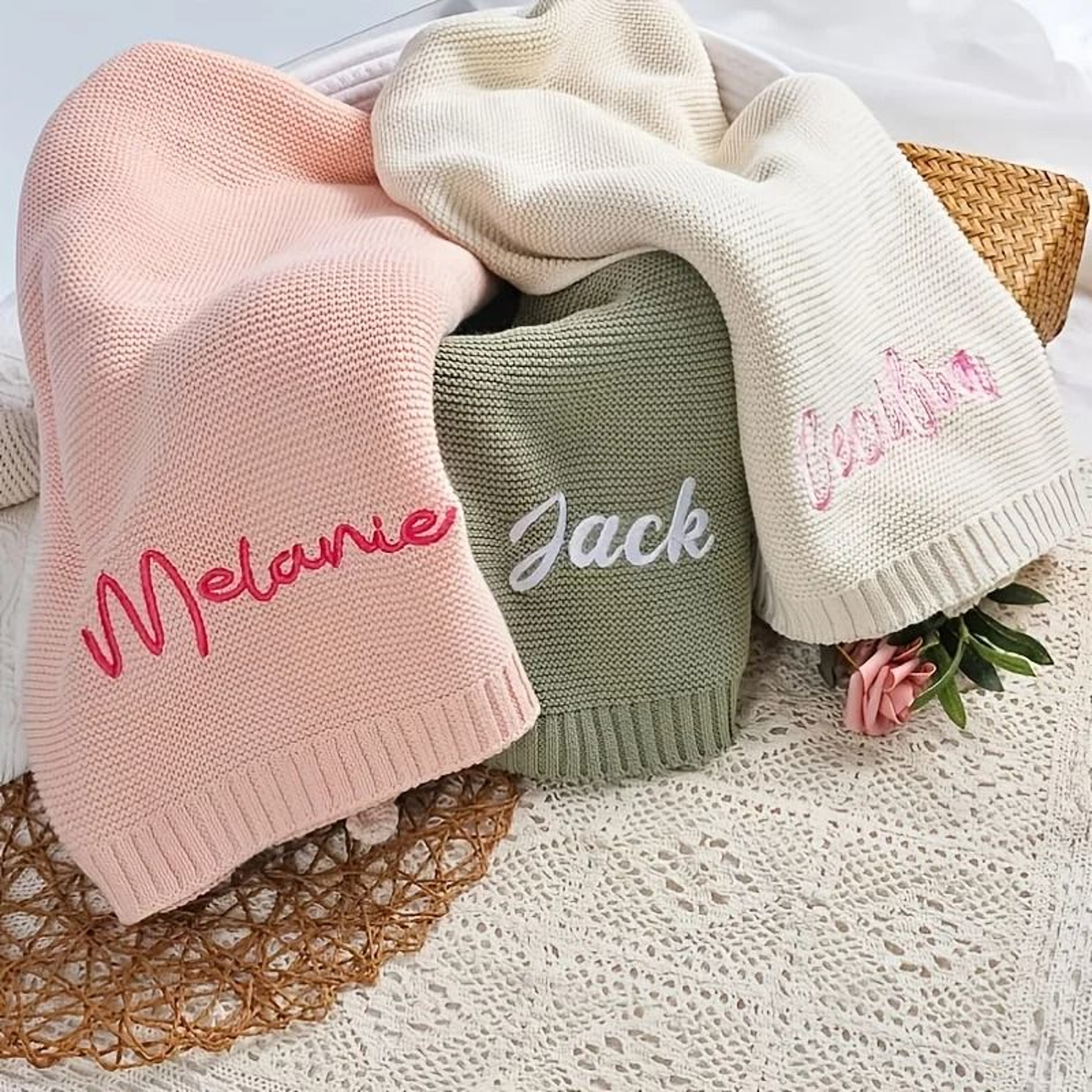 Personalized Organic Cotton Knit Baby Blanket Custom Name Newborn Wrap 11