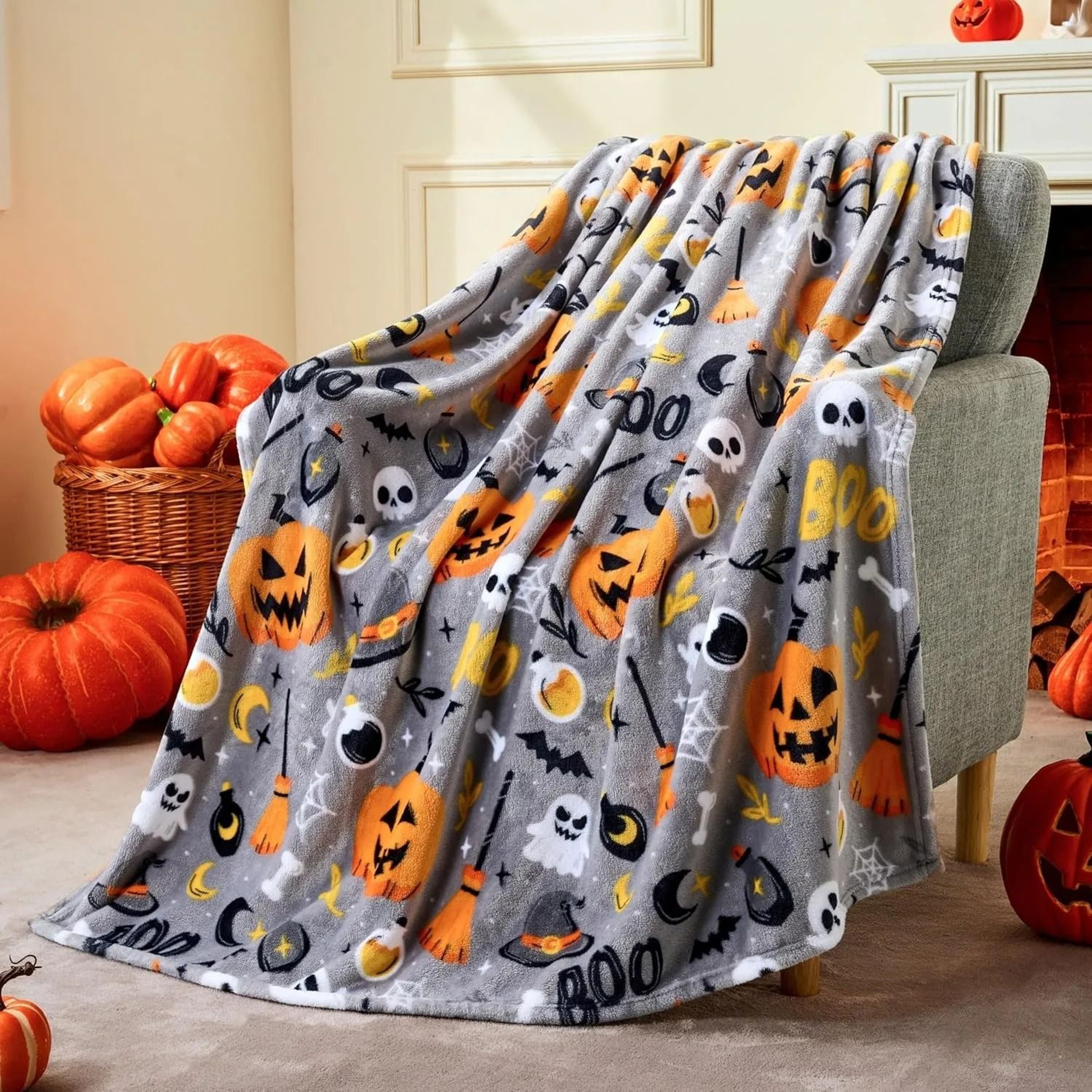 Halloween Fleece Throw Blanket Black Bat Pumpkin Ghost Skull Design 1