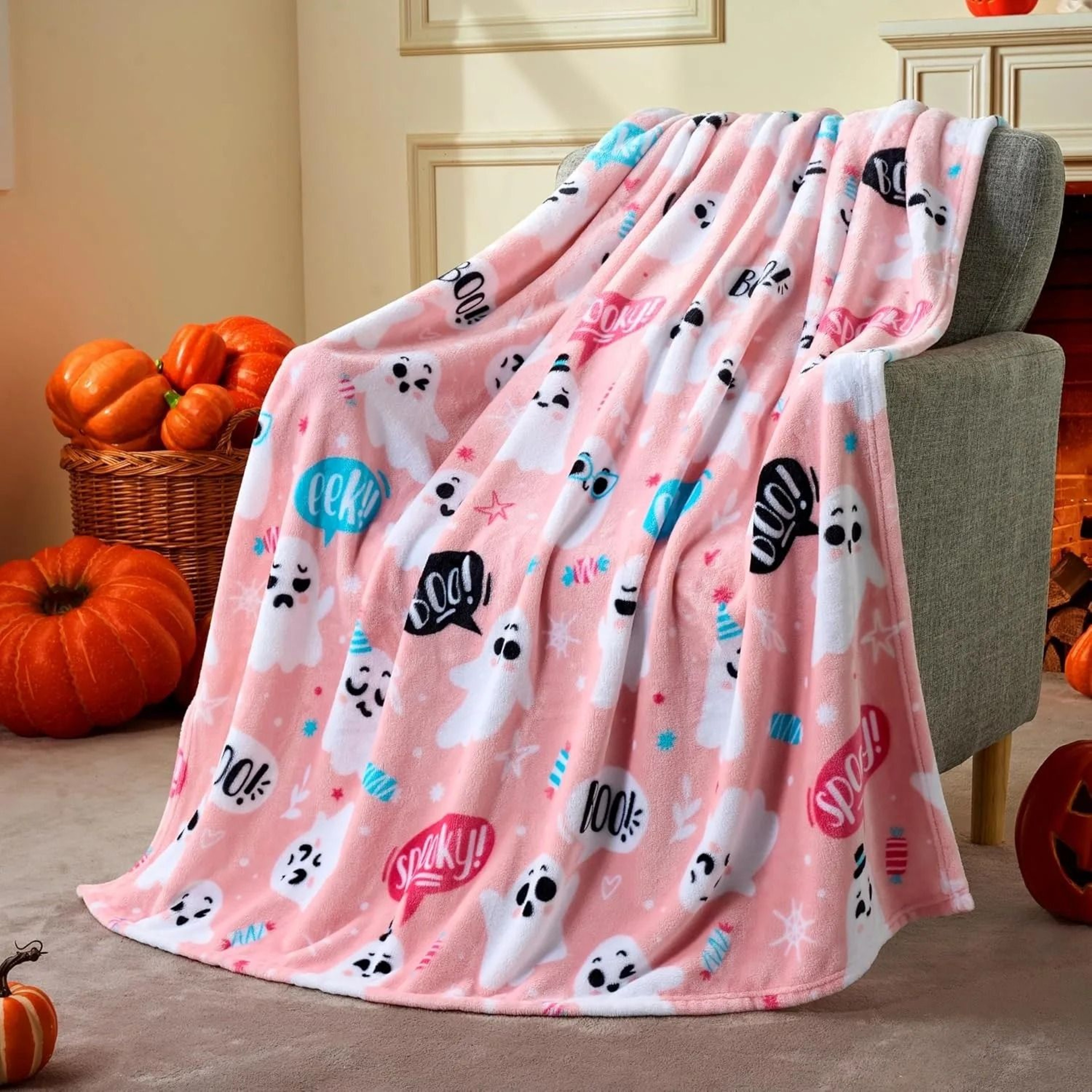 Halloween Fleece Throw Blanket Black Bat Pumpkin Ghost Skull Design 4