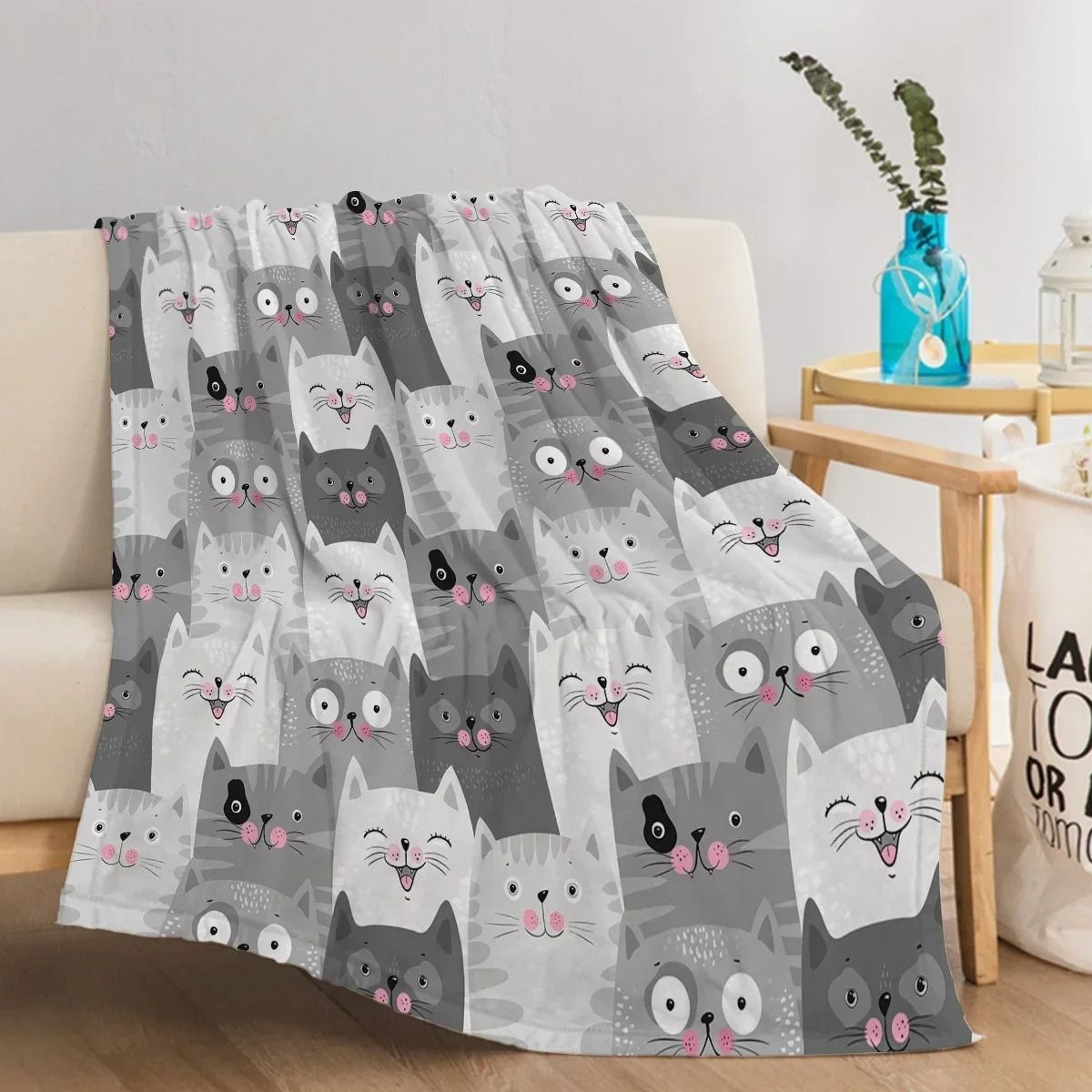 Pink Face Grey Cat Flannel Fleece Throw Blanket 5