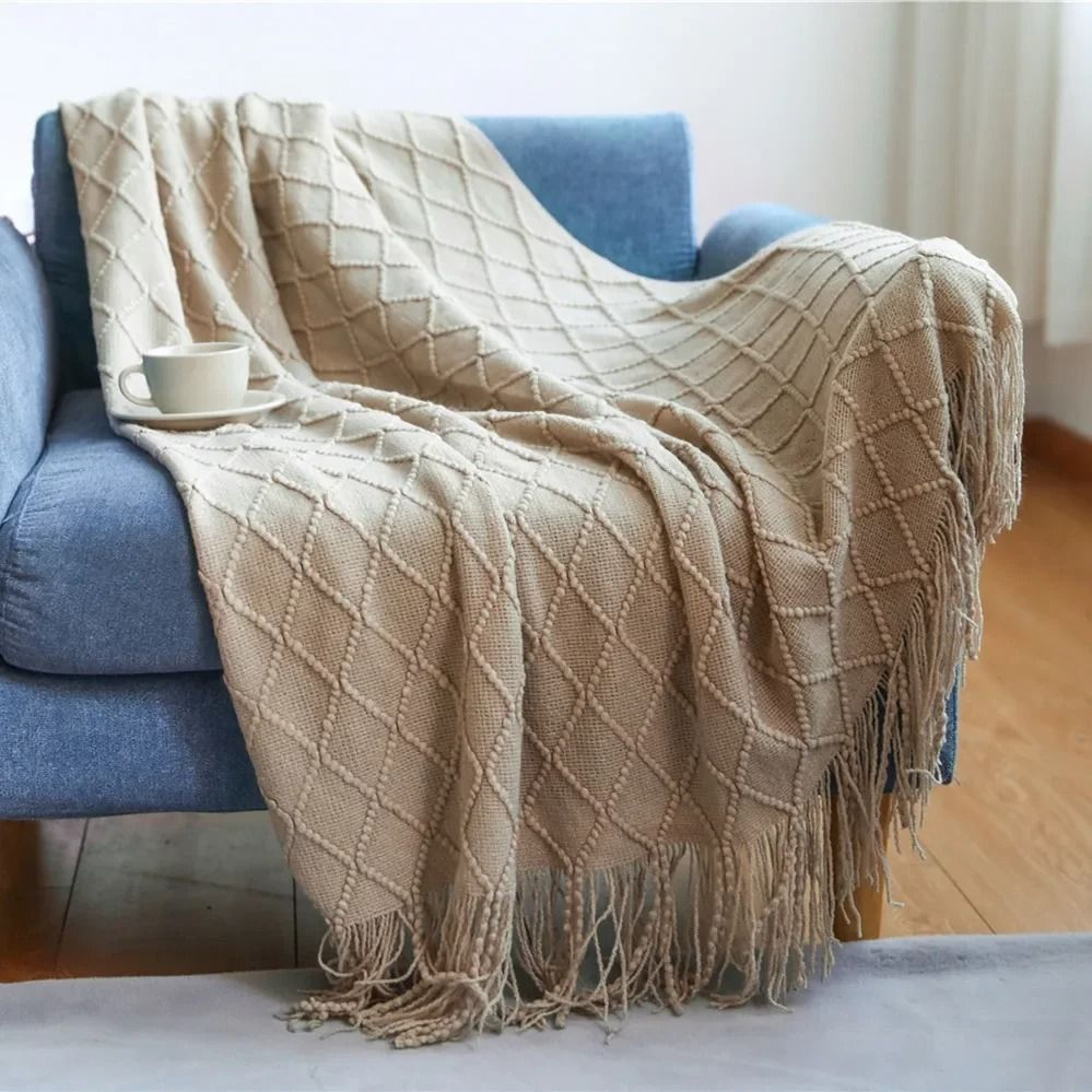 Nordic Knitted Throw Blanket With Tassels Soft Textured Sofa Cover 3