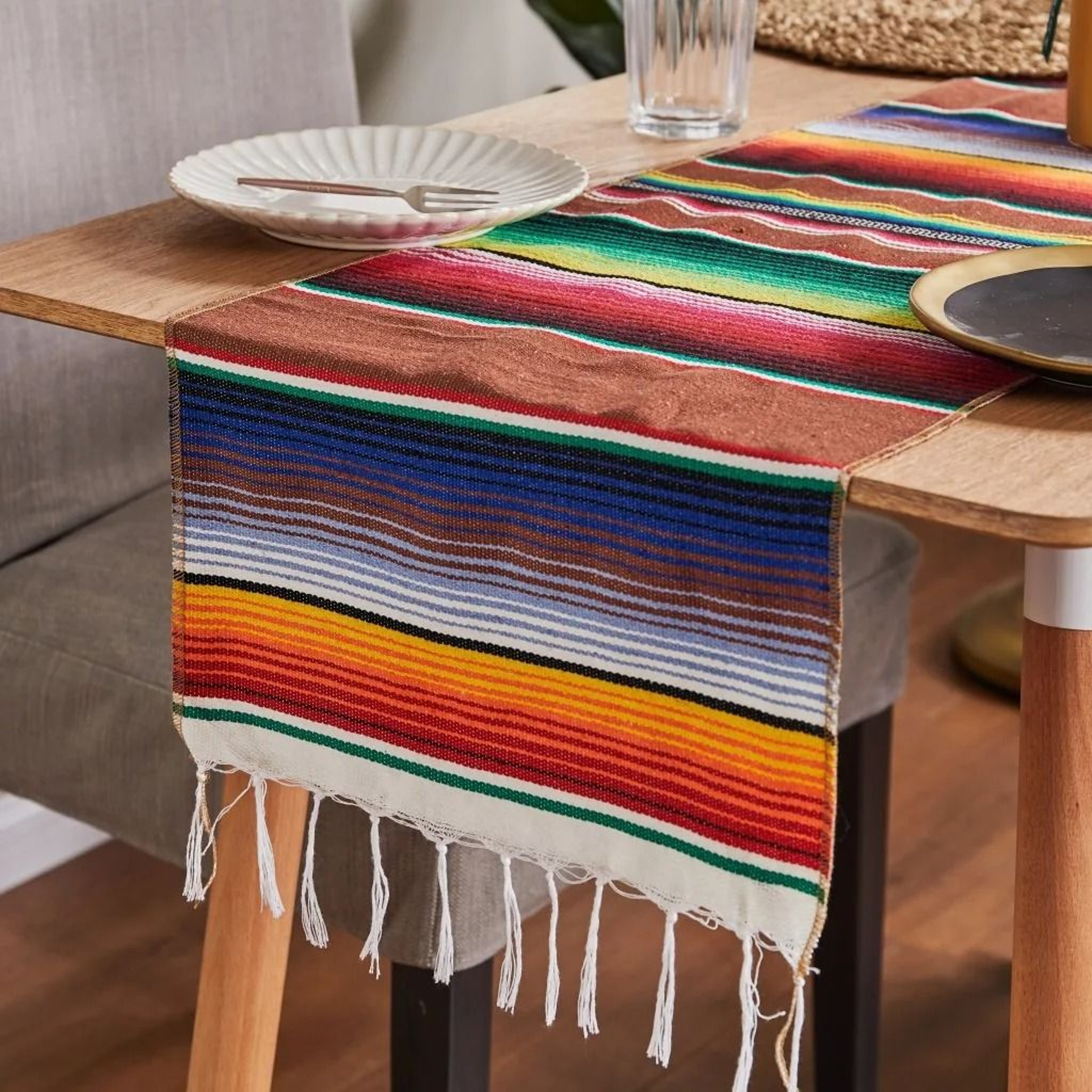 Colorful Mexican Serape Table Runner Woven Fringe Party Decor 1