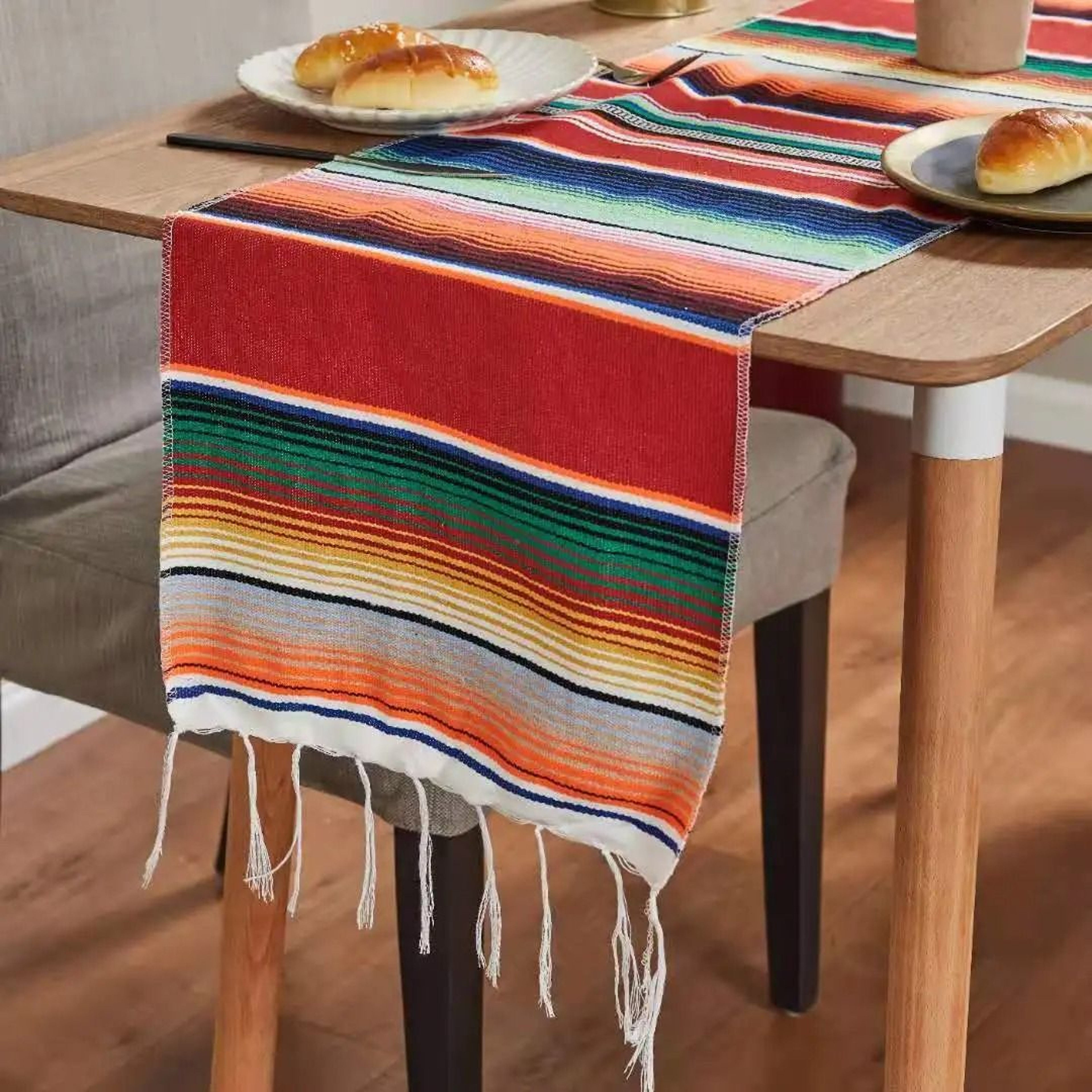 Colorful Mexican Serape Table Runner Woven Fringe Party Decor 0