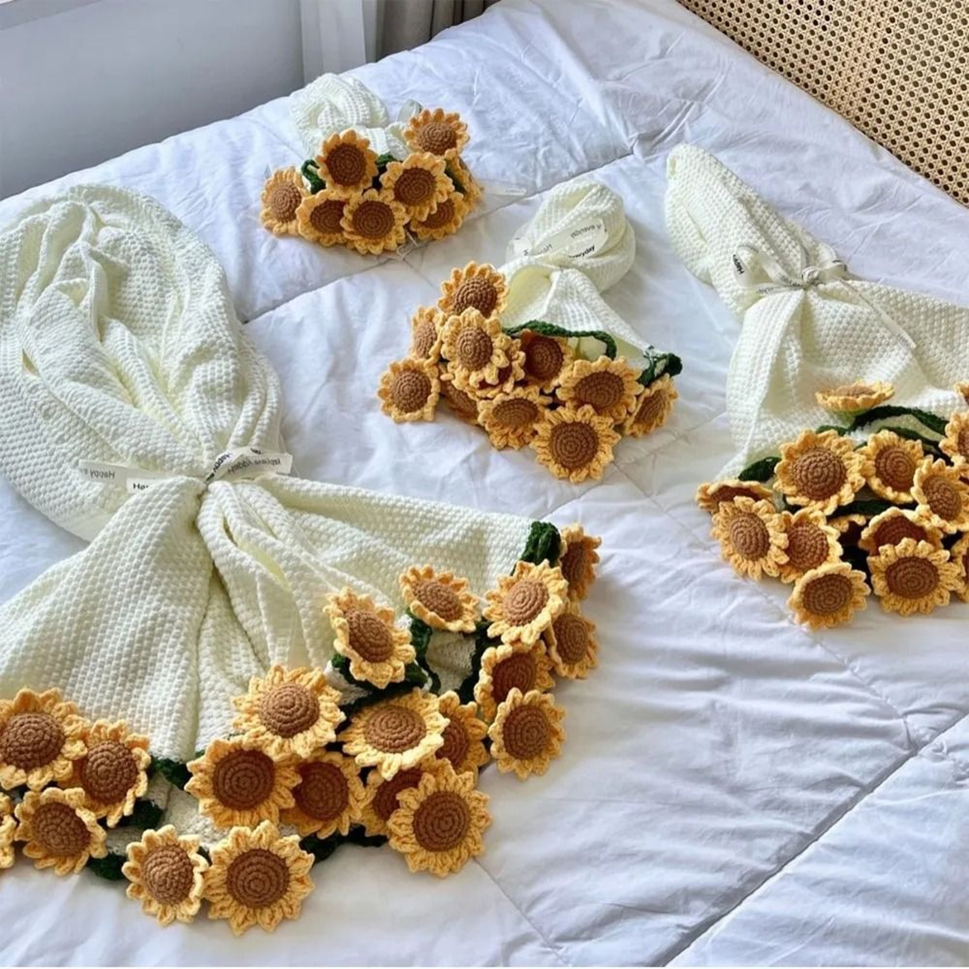 Crochet Flower Bouquet Blanket Rose Sunflower Carnation Knit Throw 4