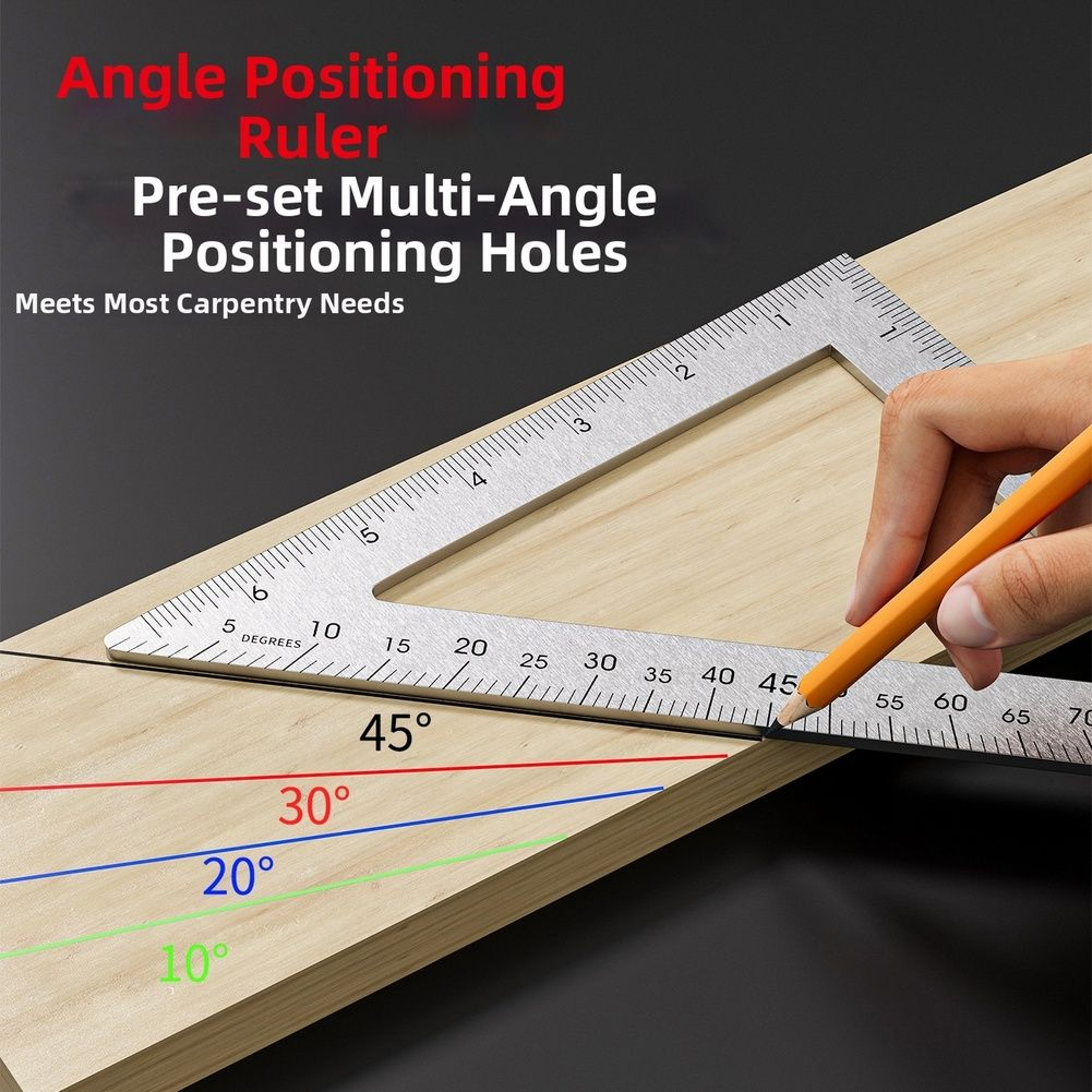 45 90 Stainless Steel Woodworking Triangle Ruler Dual Scale Marking Square 7