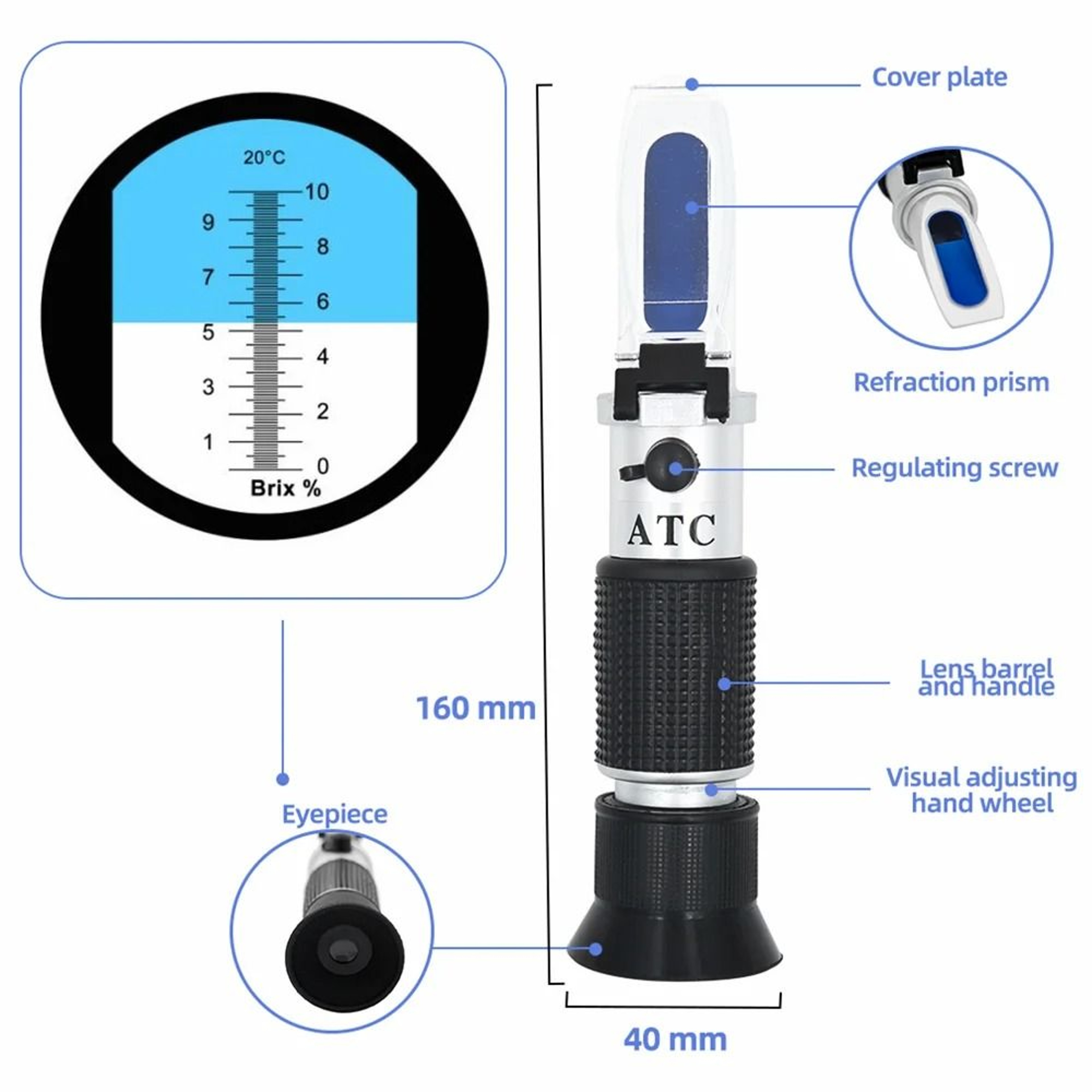 Handheld 010 Brix Refractometer ATC Precision Sugar Concentration Tester 6