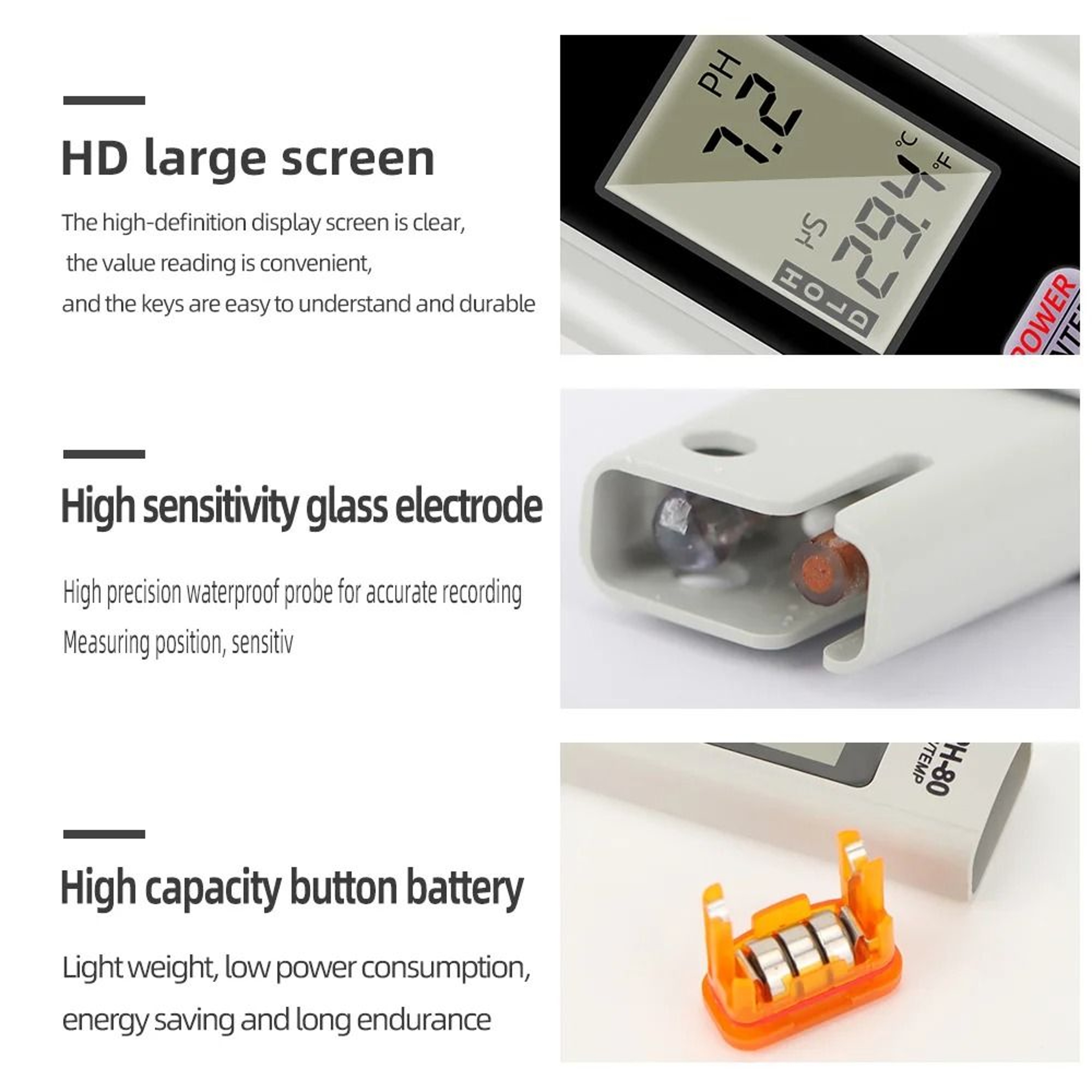 PH80 Digital PH And Temperature Meter WaterResistant Tester With Automatic Calibration 3