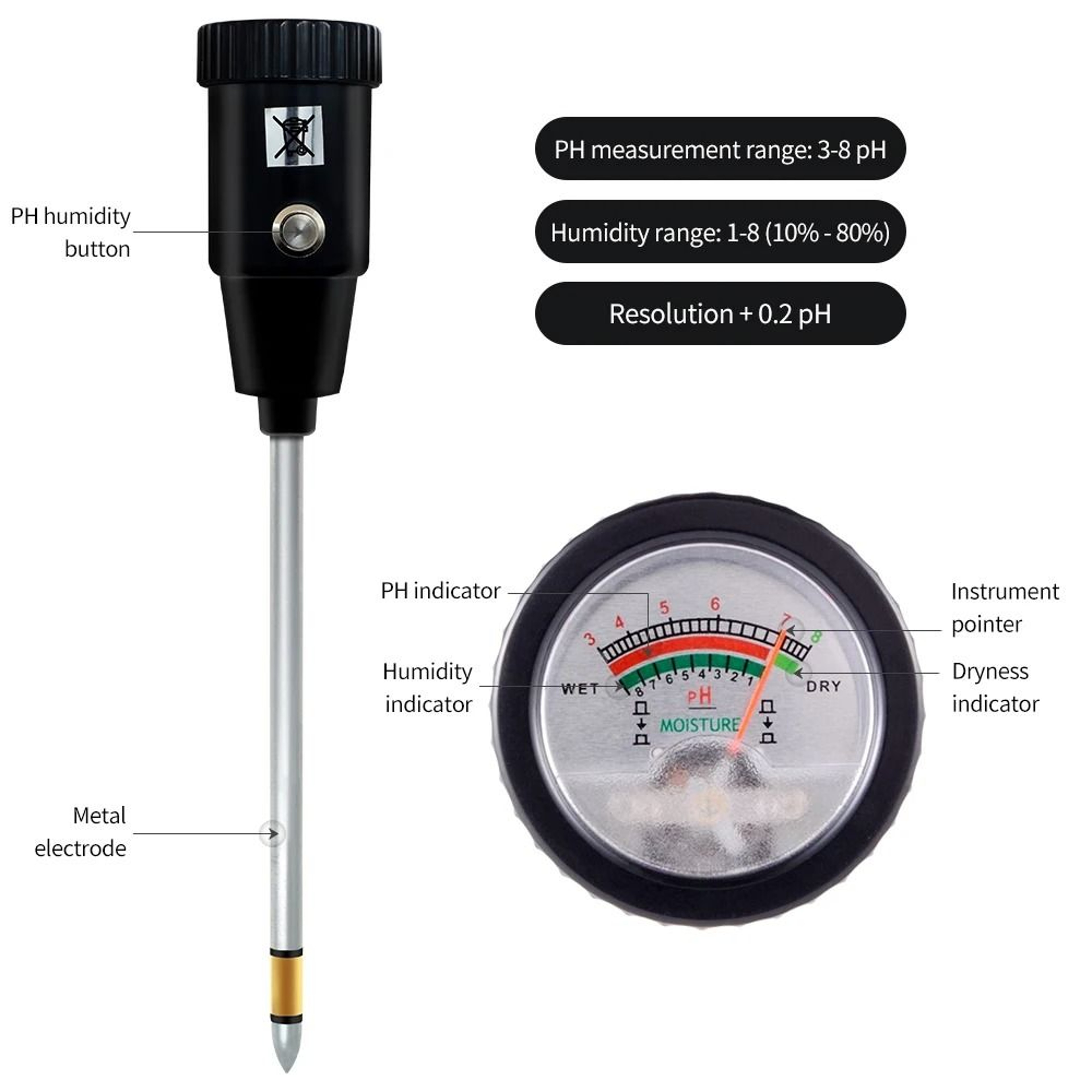 Handheld Soil PH And Moisture Meter With 295mm Waterproof Metal Probe 0