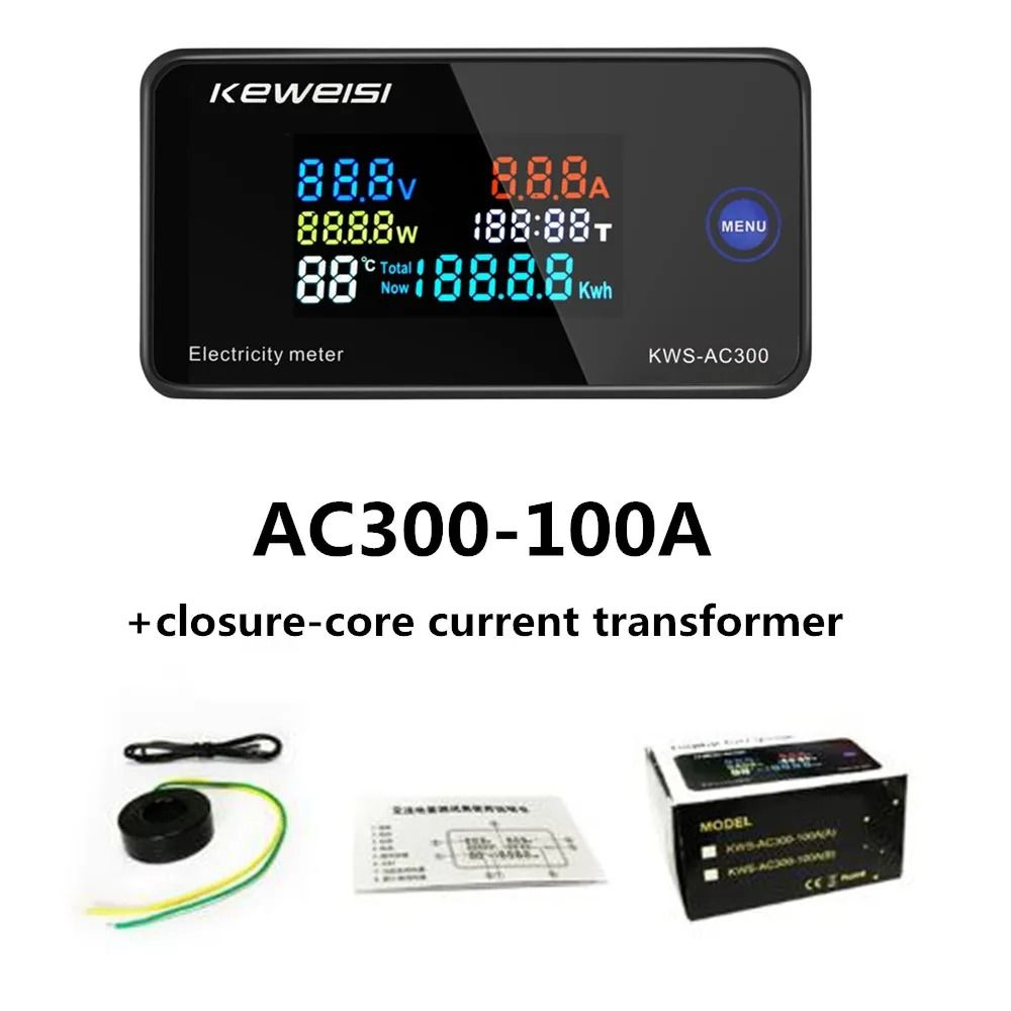 KWSAC300 Digital AC Voltmeter Ammeter 50300V 100A Power Energy Meter 1