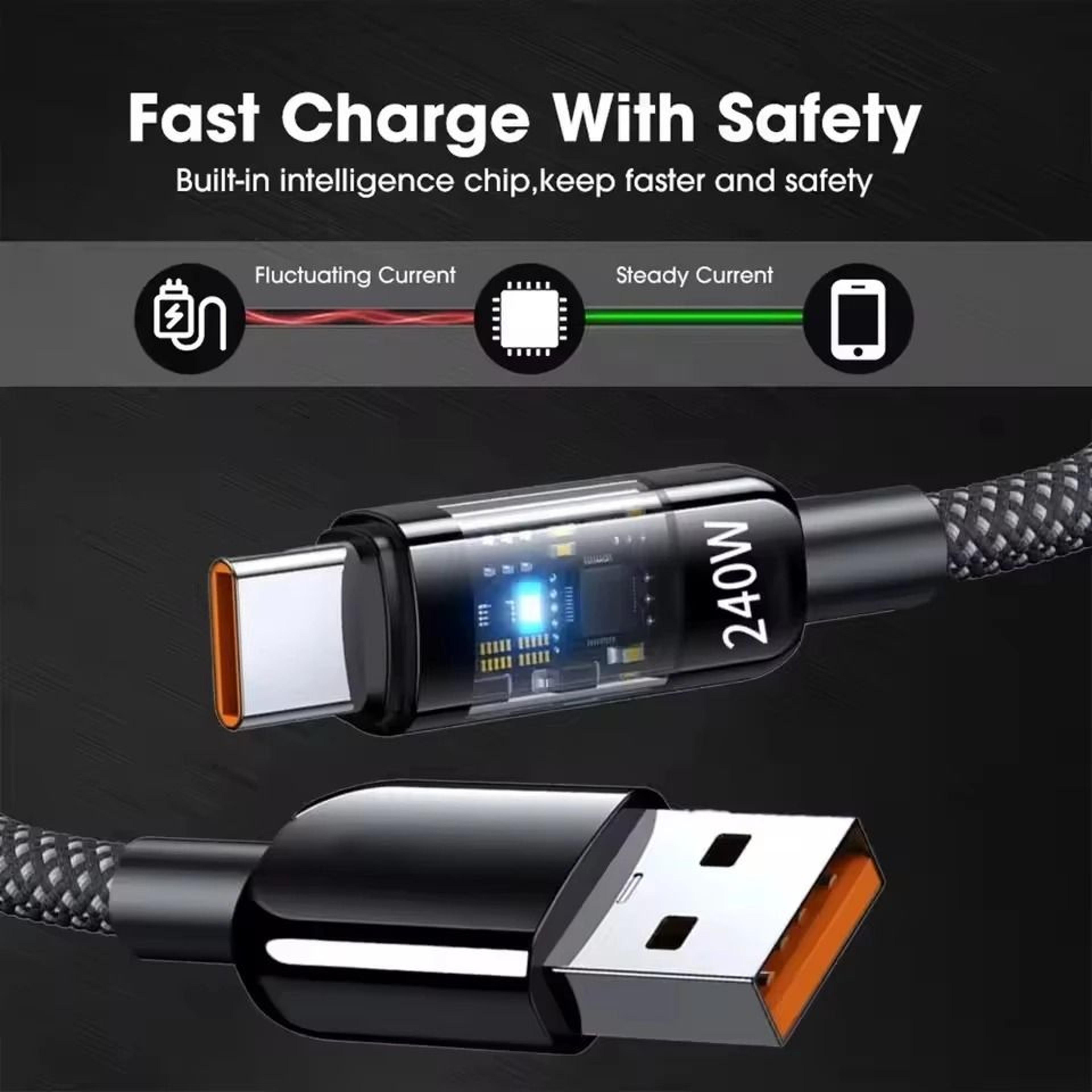 240W USBA To USBC Fast Charging Cable With LED Digital Display For Samsung Xiaomi Huawei 4