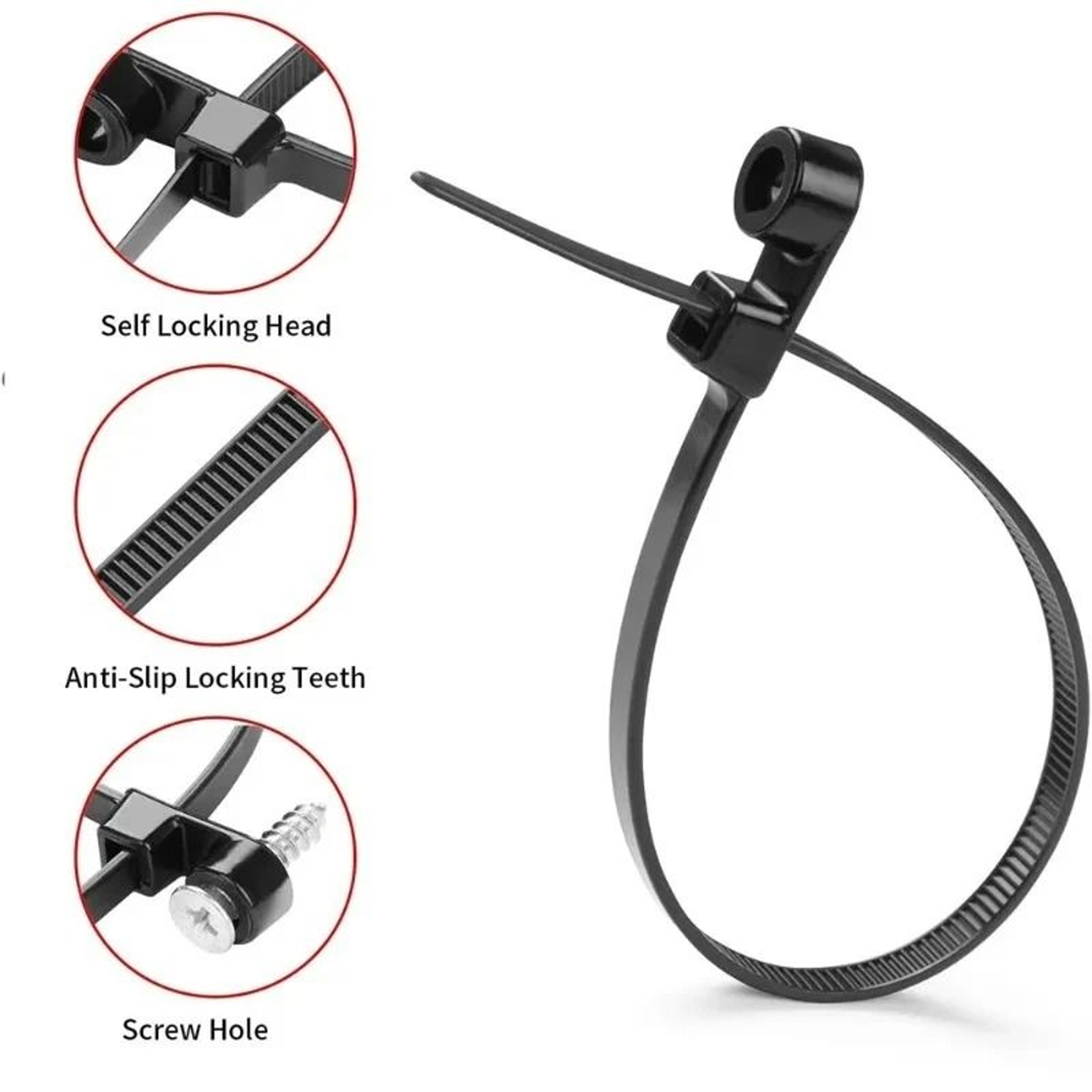 100500PCS Nylon Screw Hole Cable Ties SelfLocking Wire Organizer Straps 3
