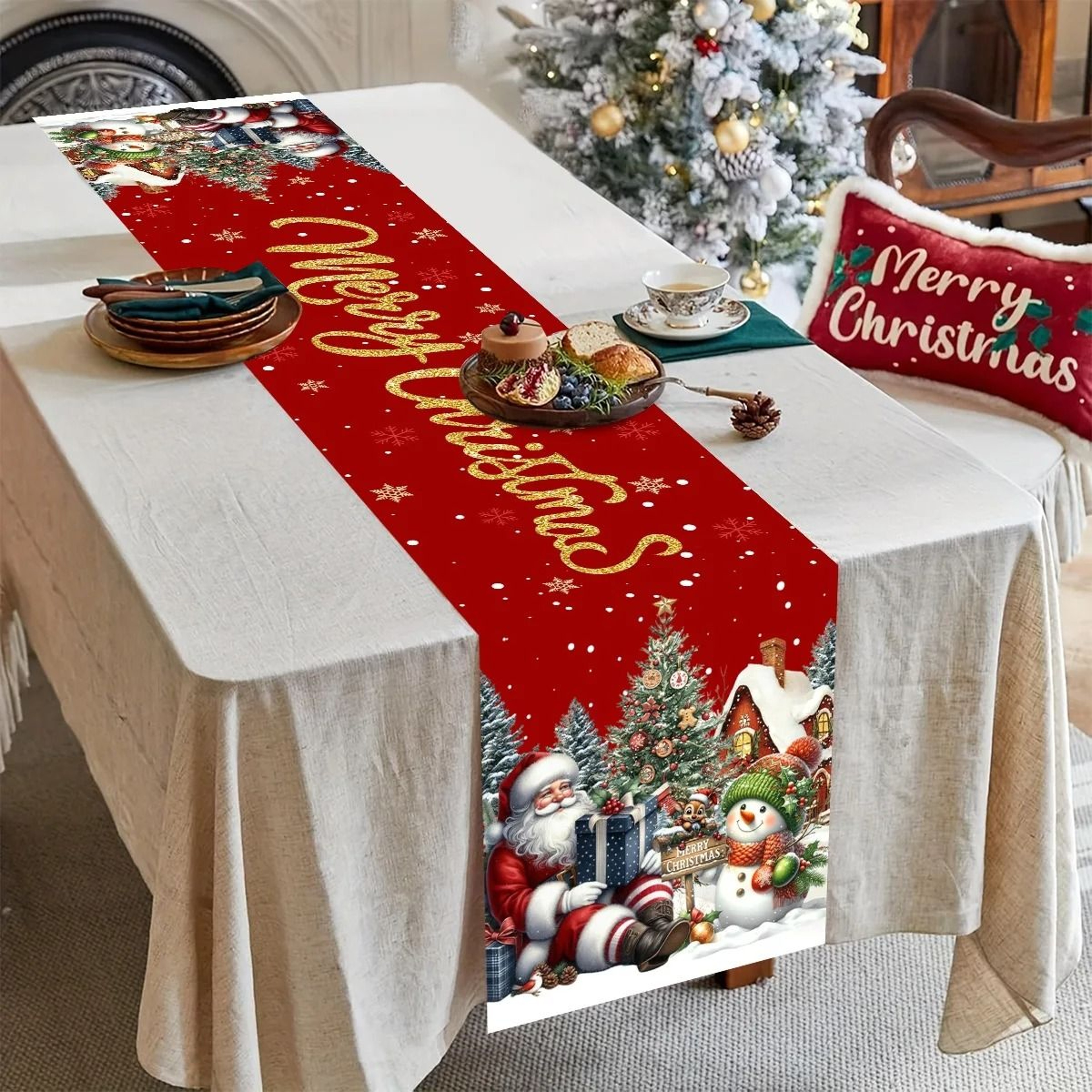Festive Santa And Snowman Christmas Table Runner For Holiday Dining 5