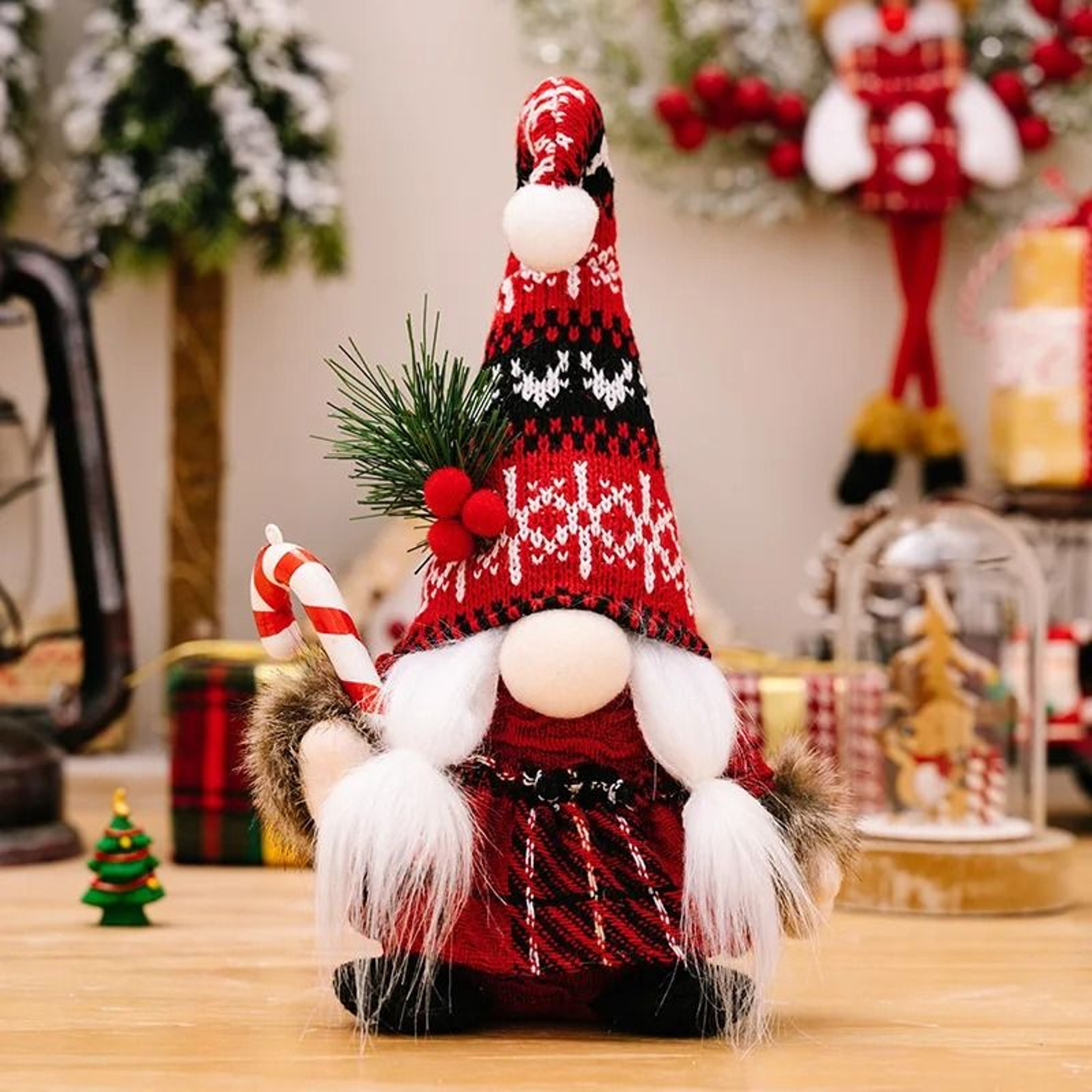 Festive Red Christmas Gnome Doll With Knitted Hat And Fluffy Beard 1