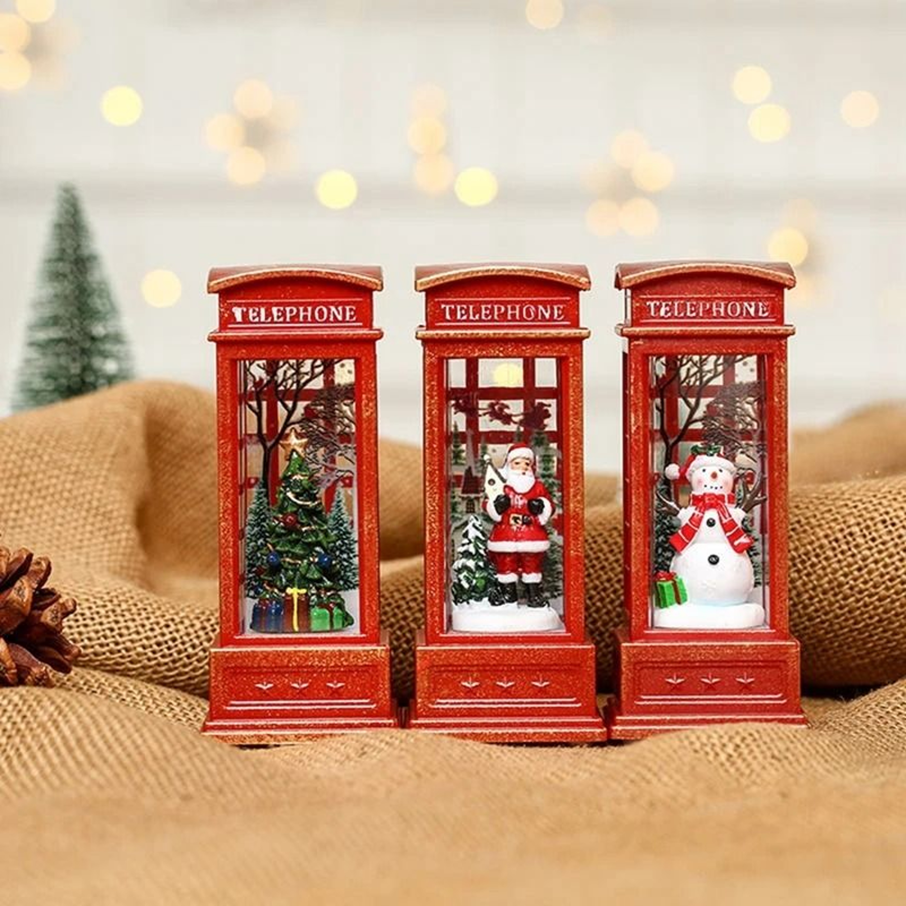 Vintage Christmas Phone Booth LED Light With Santa And Snowman 6