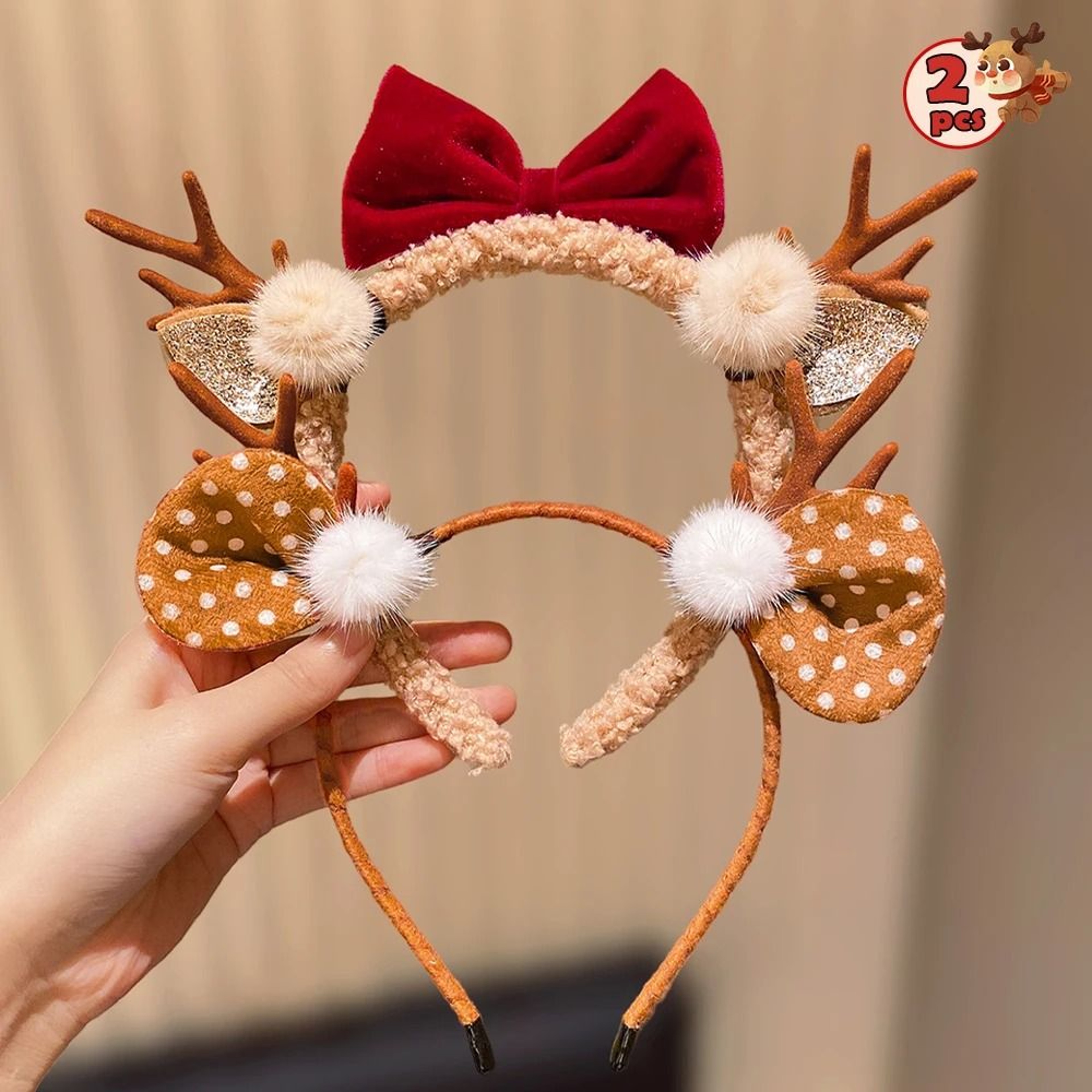 Cute Christmas Reindeer Antler Headband With Festive Bow For Girls 5