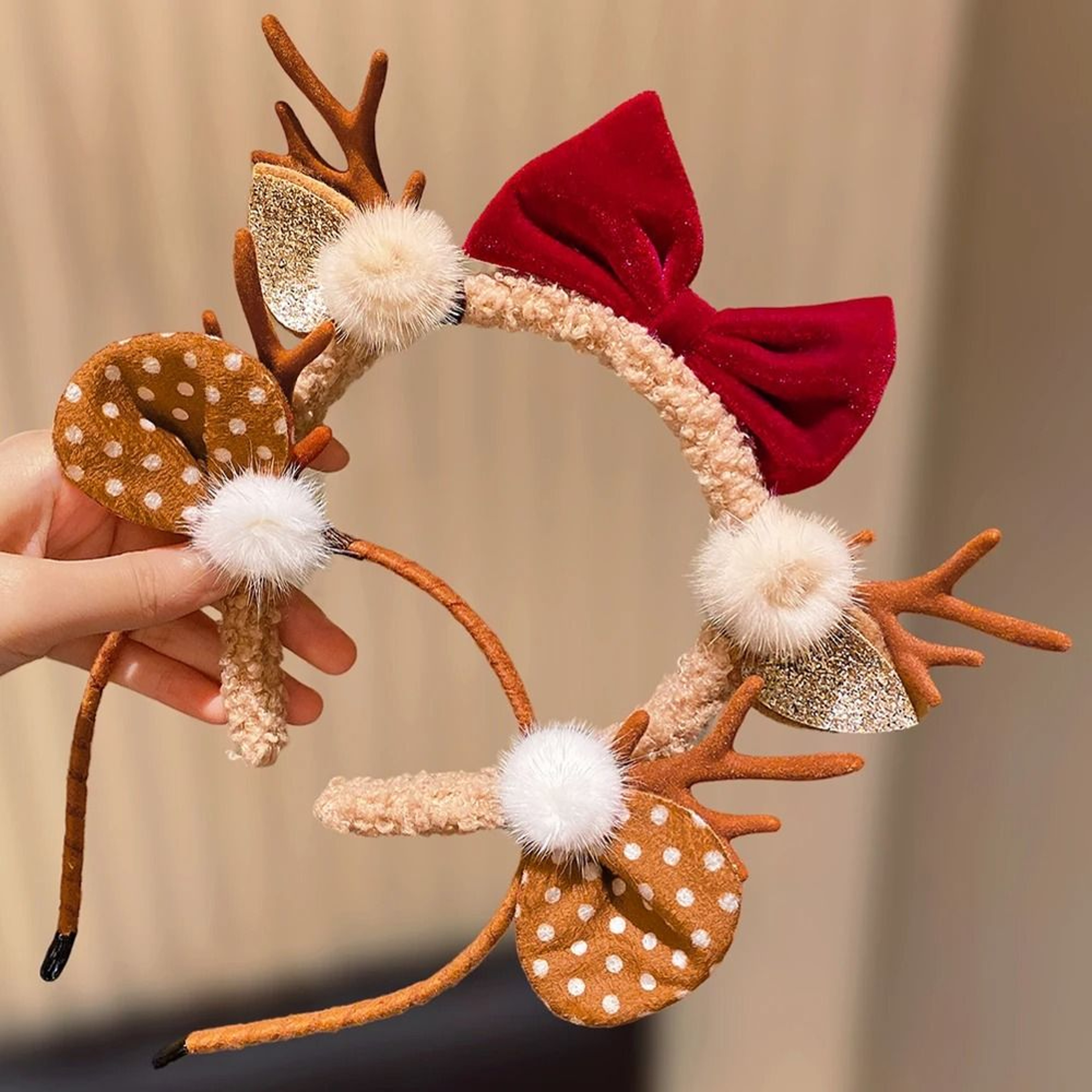Cute Christmas Reindeer Antler Headband With Festive Bow For Girls 0