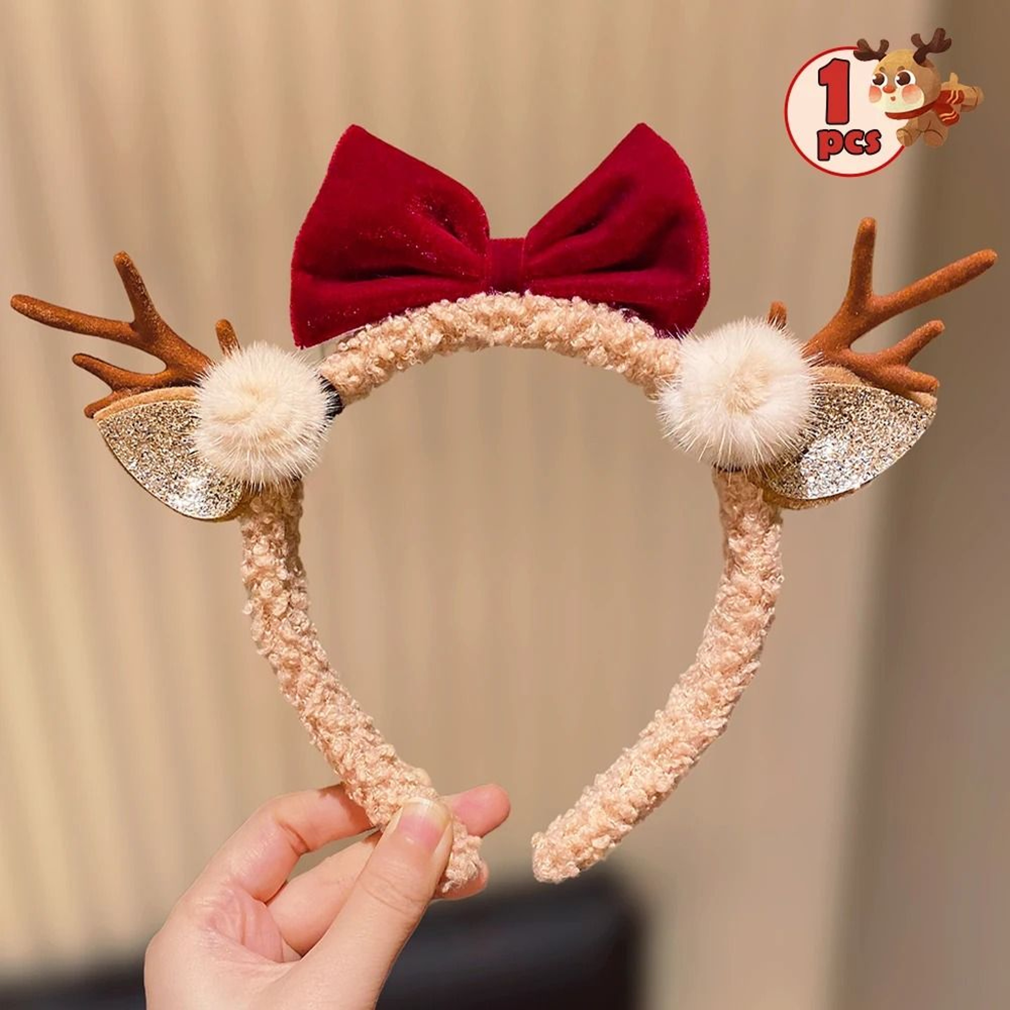 Cute Christmas Reindeer Antler Headband With Festive Bow For Girls 1