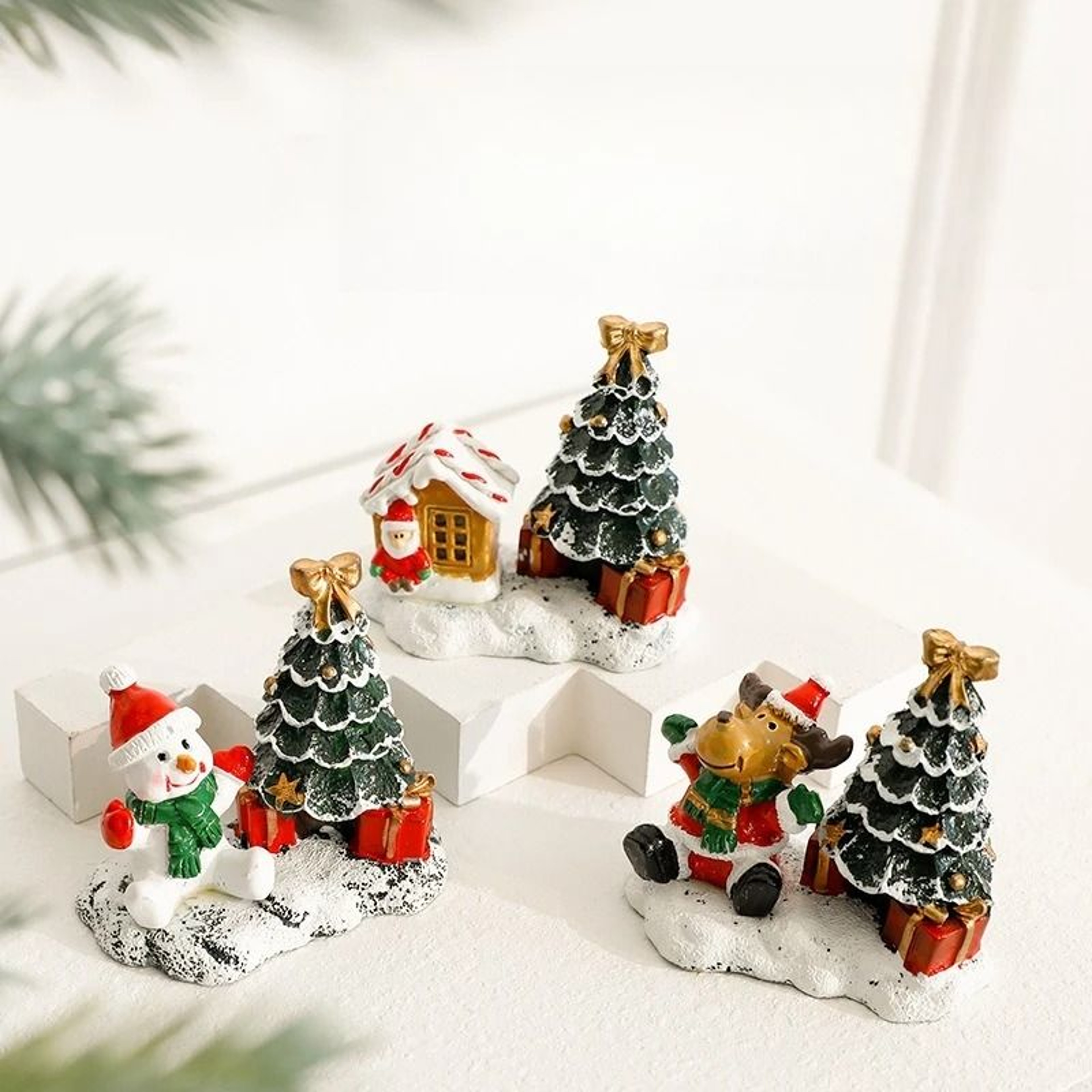 Mini Christmas Village Figurine With Snowman Reindeer And Winter House 8