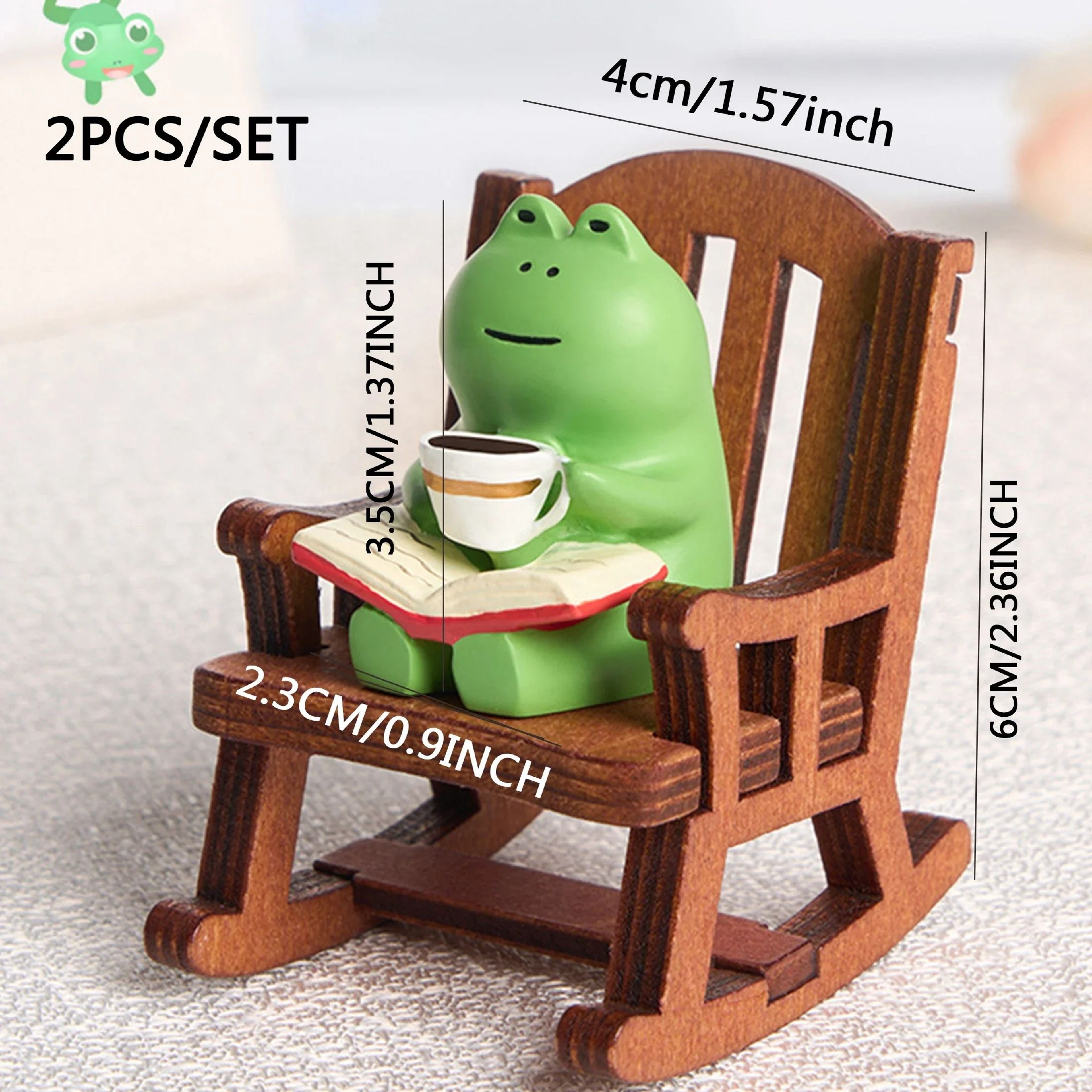2 Piece Cute Frog Rocking Chair Miniature Figurine Desktop Decor Set 1