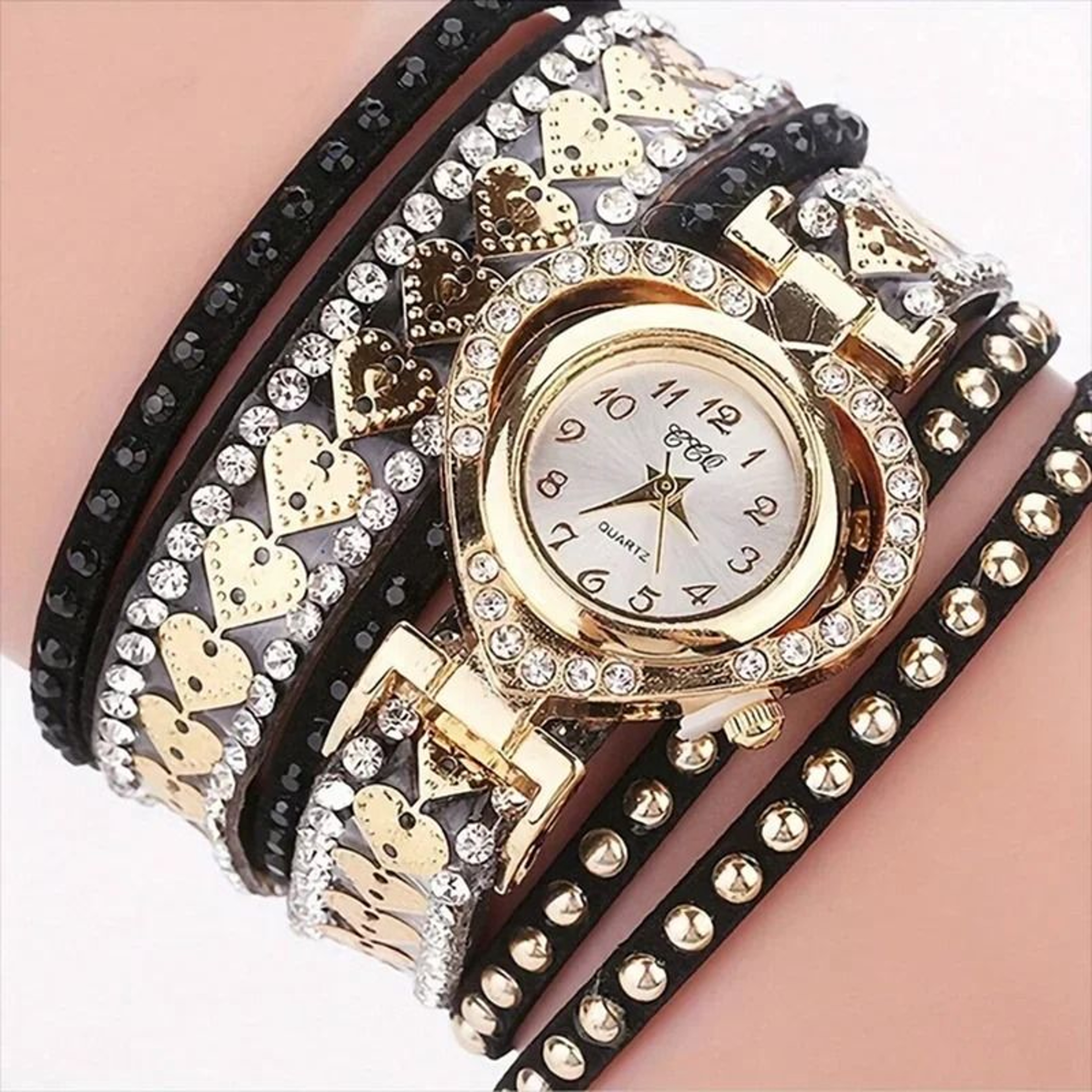 Elegant Rhinestone Womens Quartz Watch With Long Leather Wrap Bracelet Strap 6