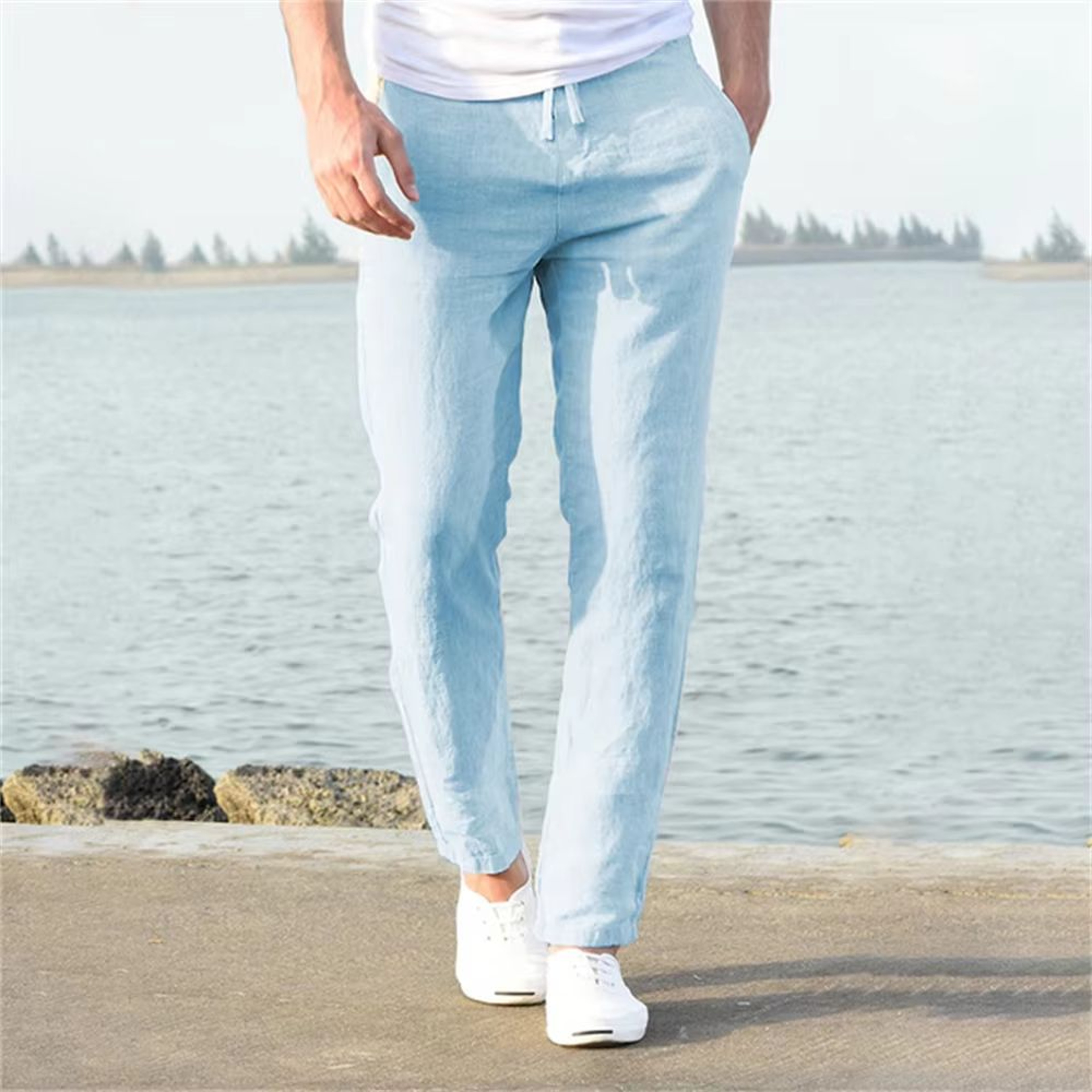 Mens CottonLinen Elastic Waist Trousers Breathable Casual Streetwear 4