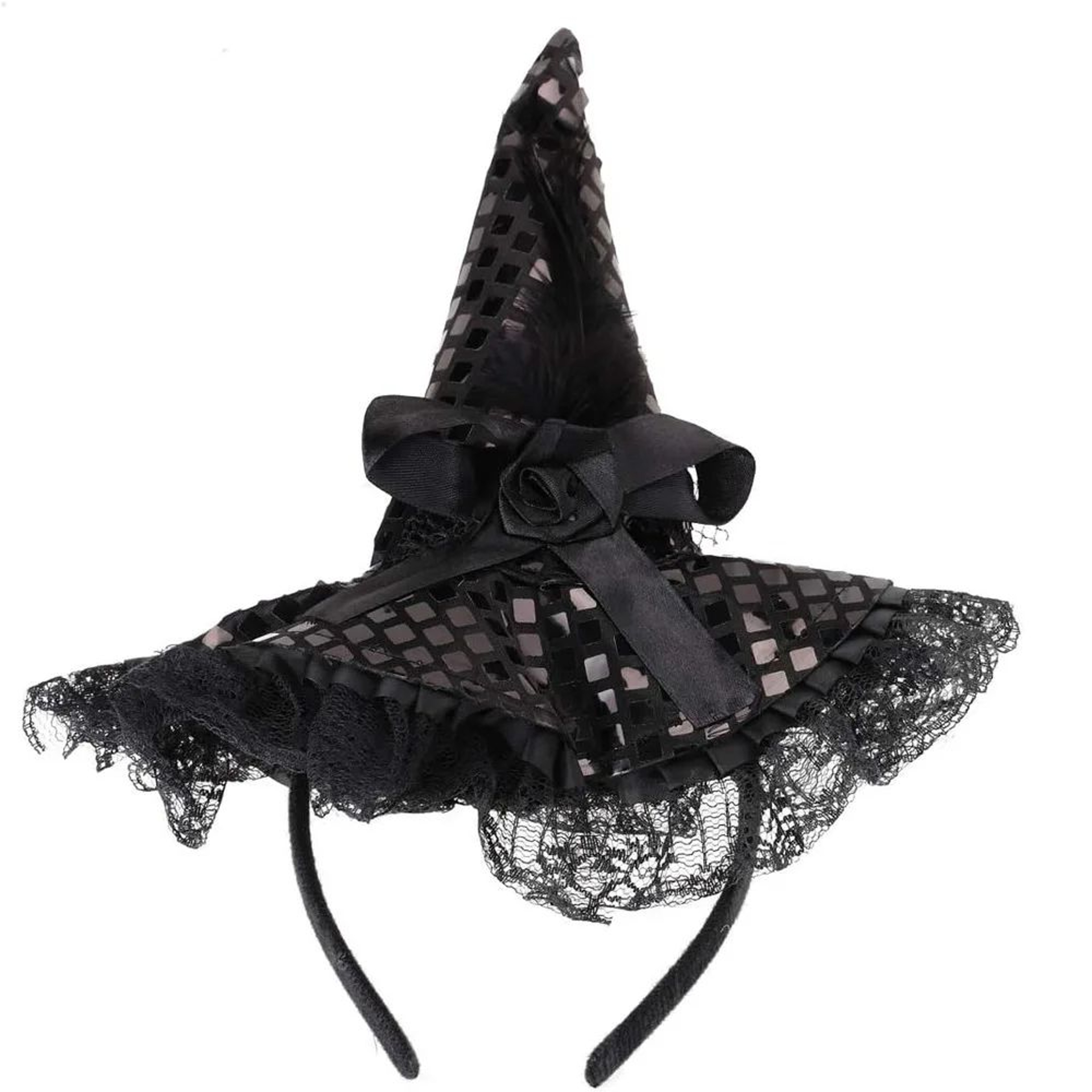 Gothic Halloween Witch Hat With Feathers  Lace  Elegant Witch Costume Accessory 0