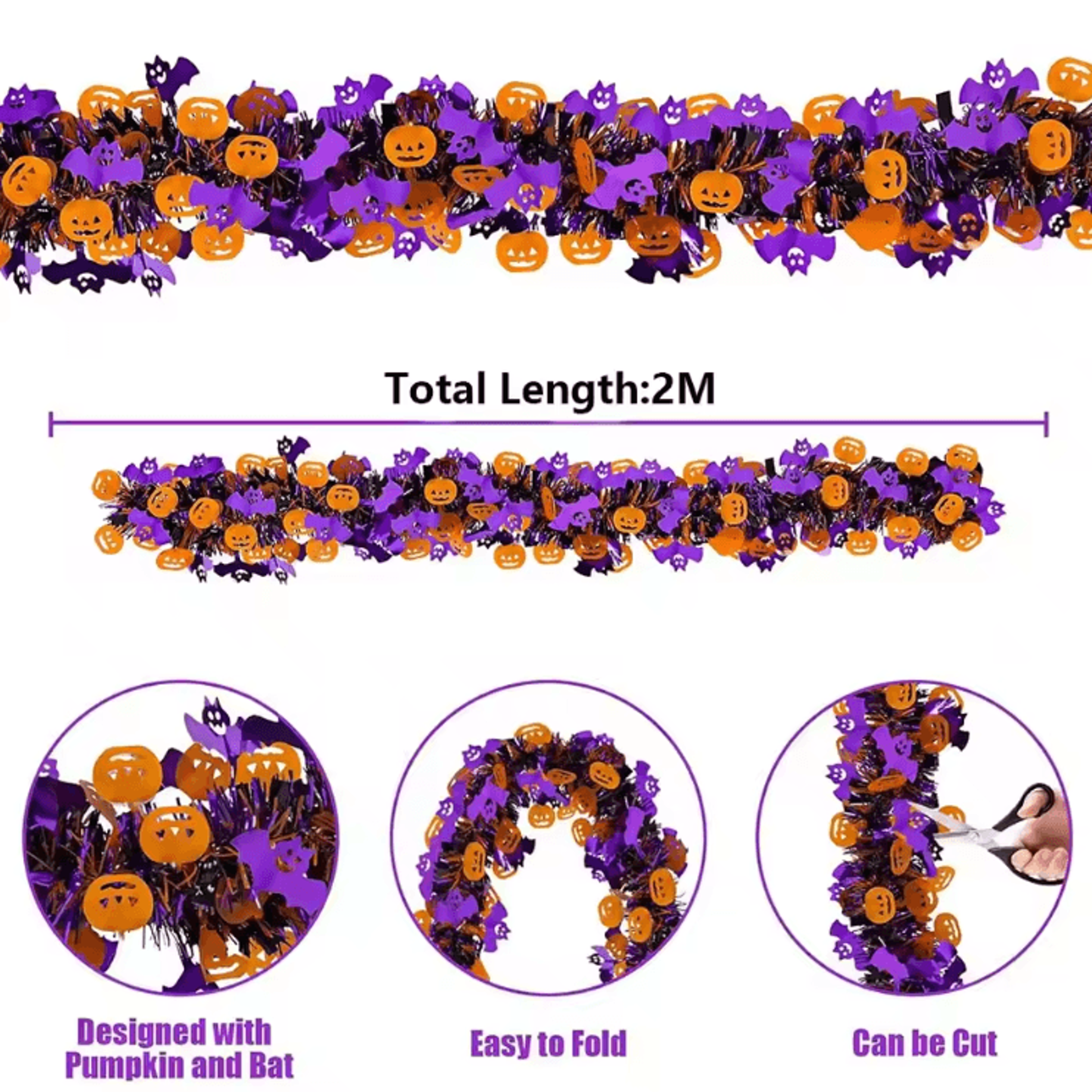 Purple Halloween Tinsel Garland With Pumpkin And Bat For Spooky Party Decor 4