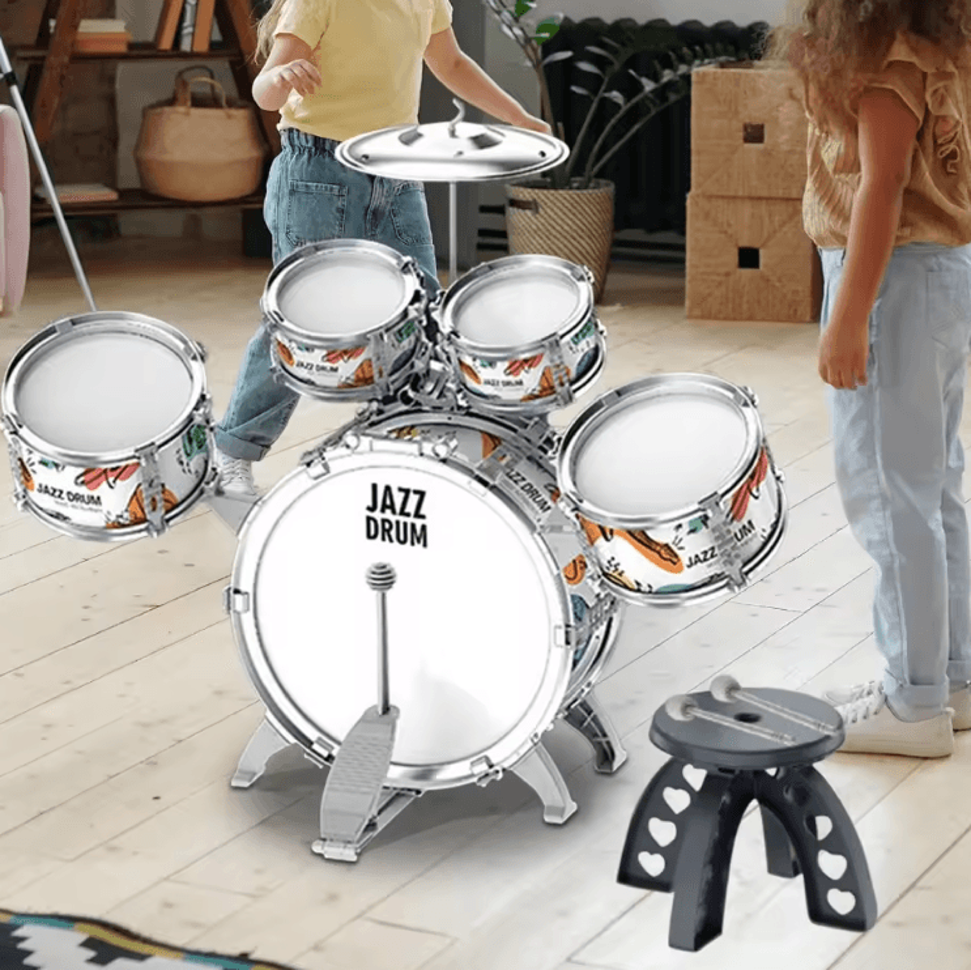 Kids Jazz Drum Set With Stool  Pedal  Toddler Percussion Musical Toy Kit 2