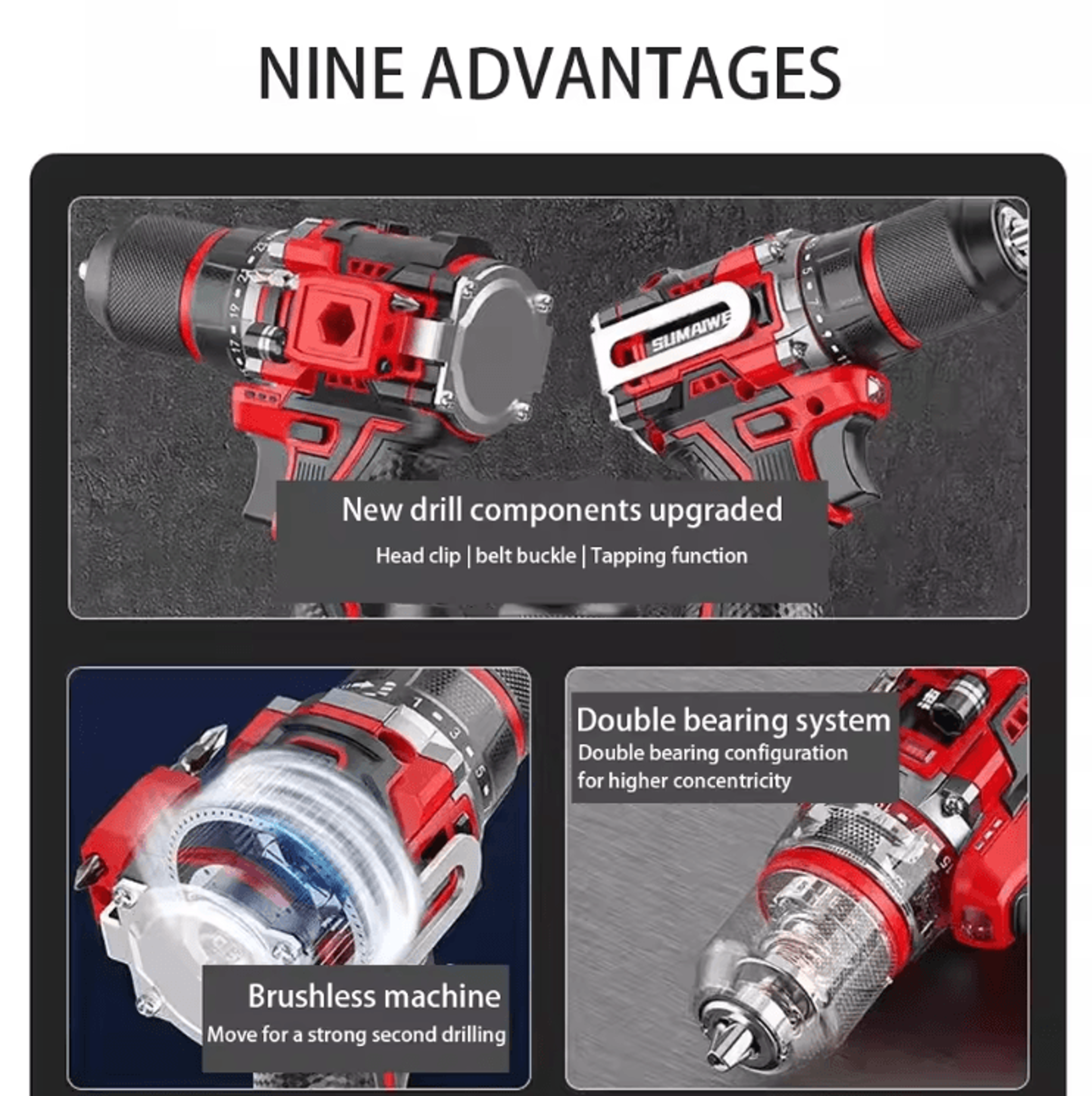 168V Brushless Cordless Impact Drill  HighTorque Metal Chuck Electric Screwdriver Kit 1