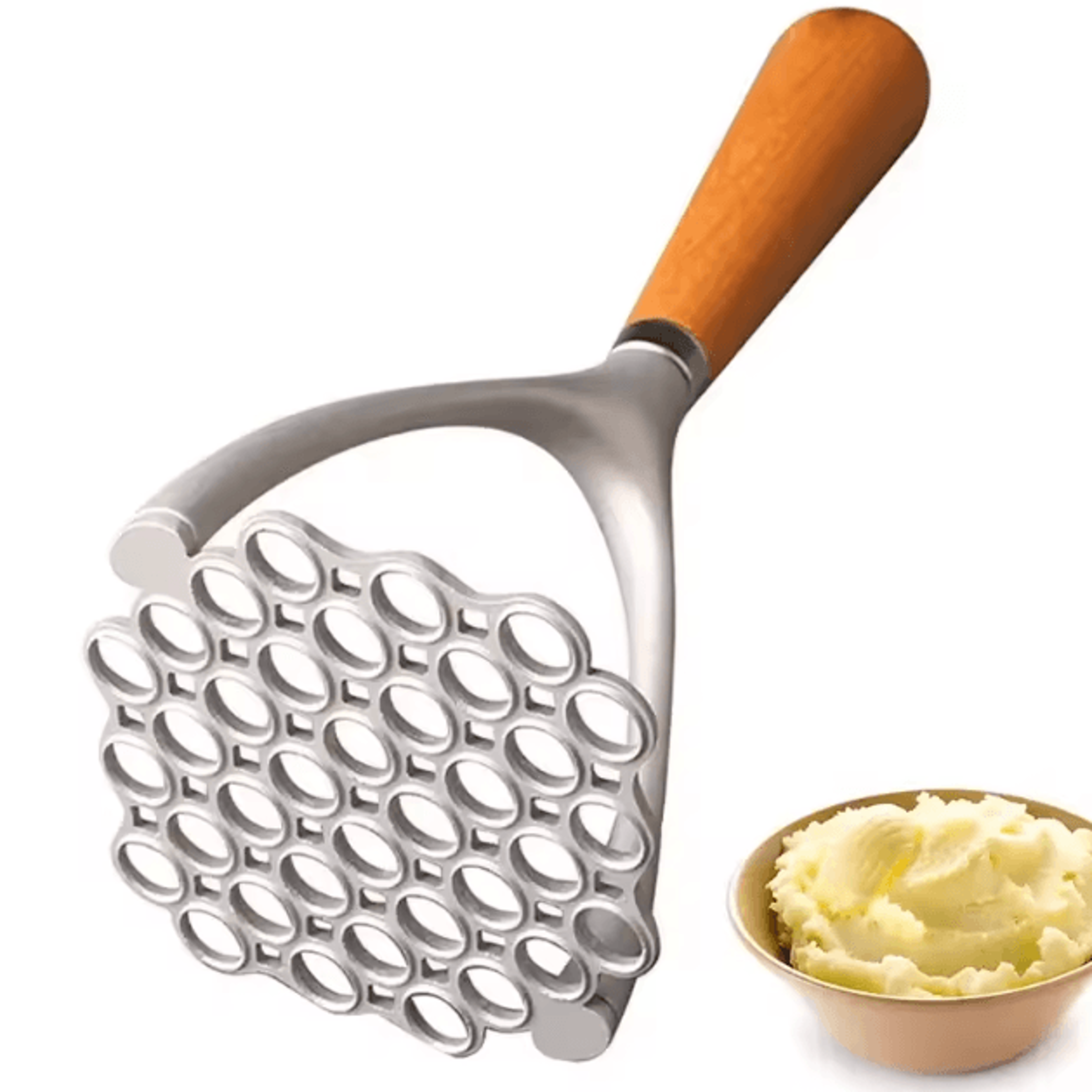 Aluminum Manual Potato Masher  HeavyDuty Wooden Handle Kitchen Crusher  Food Mashing Tool 0