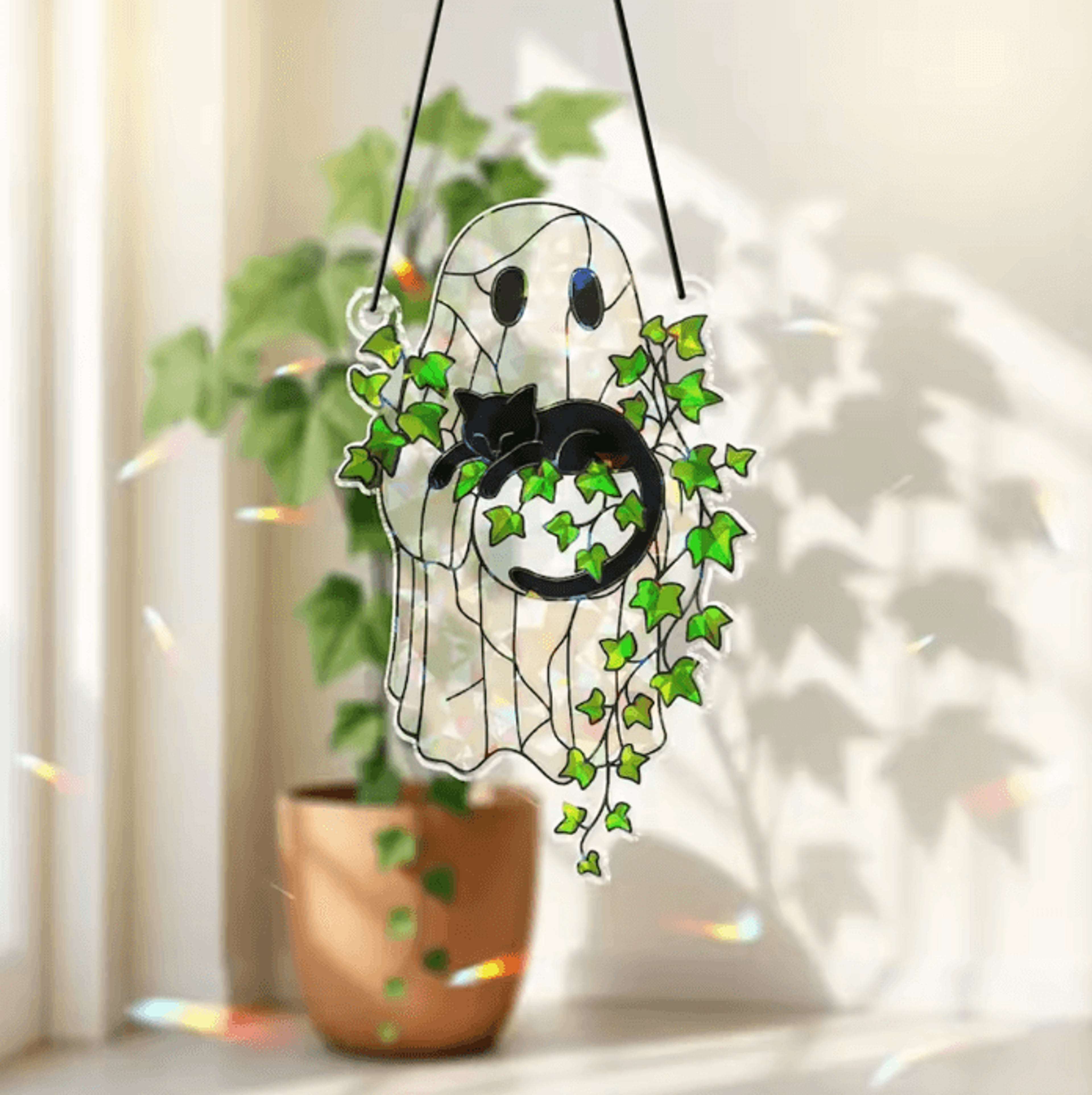Cute Halloween Ghost Acrylic Suncatcher  Black Cat Window Hanging Ornament 0