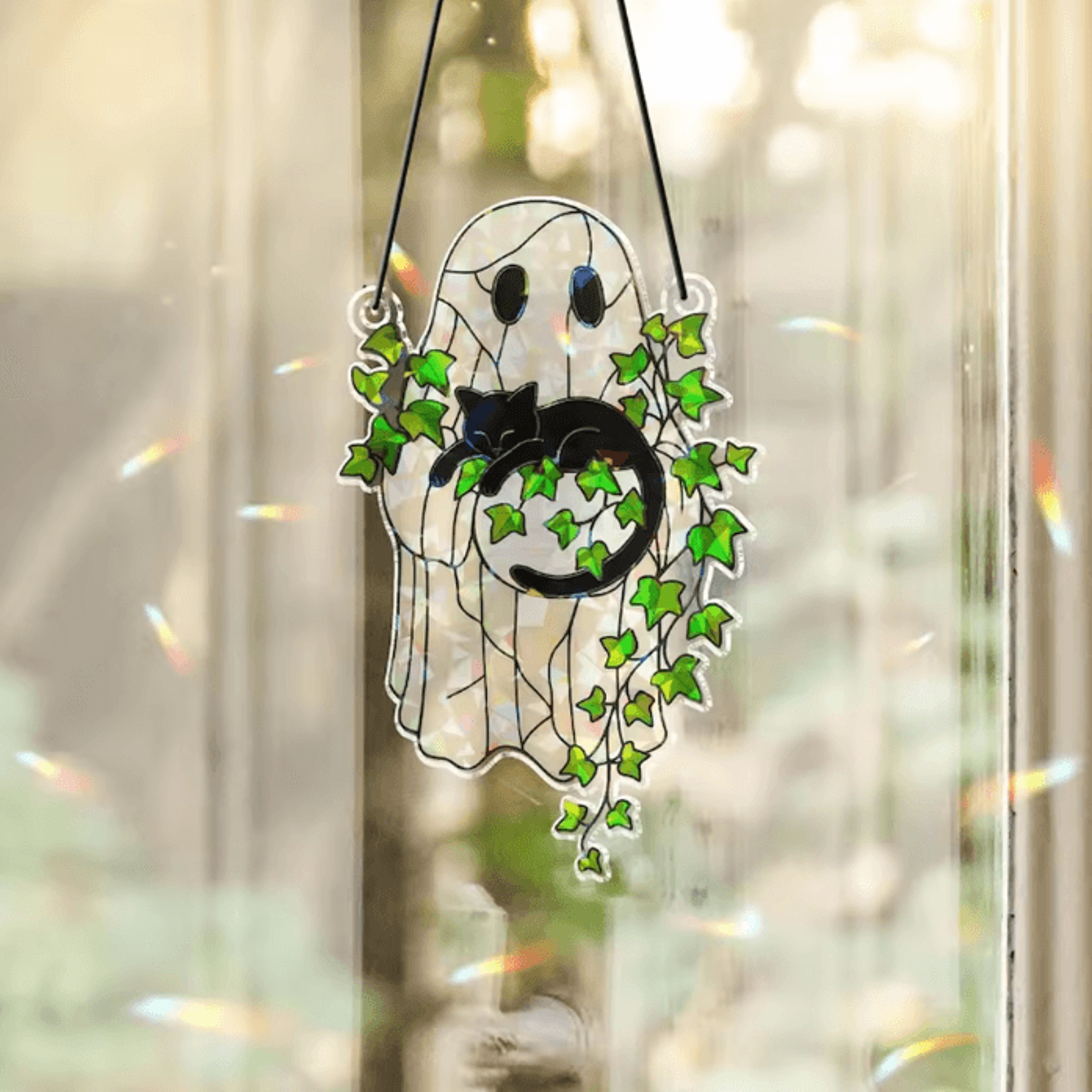 Cute Halloween Ghost Acrylic Suncatcher  Black Cat Window Hanging Ornament 1