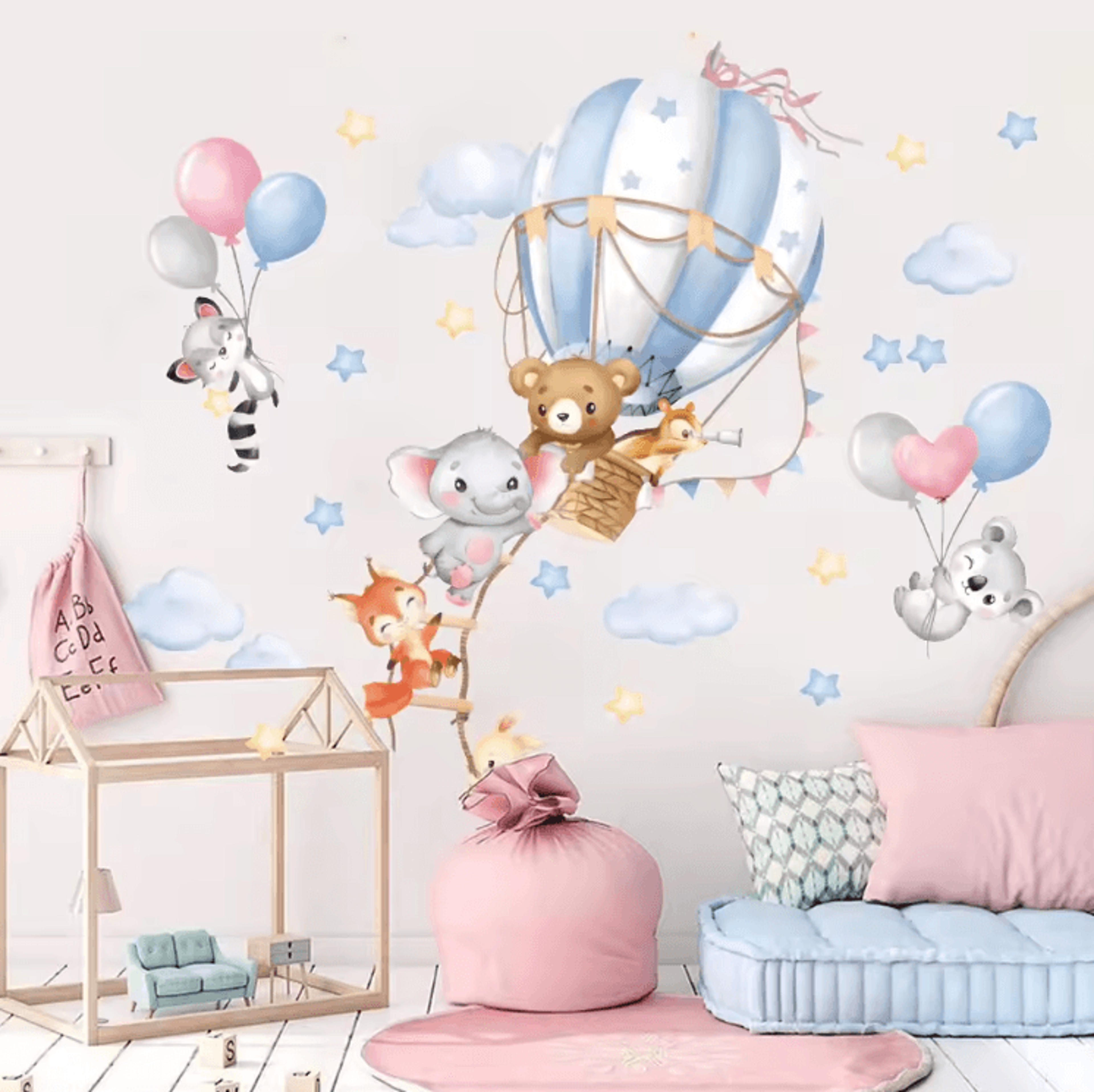 Large Hot Air Balloon Wall Sticker Animal Theme Nursery Wall Decal For Kids Room 1