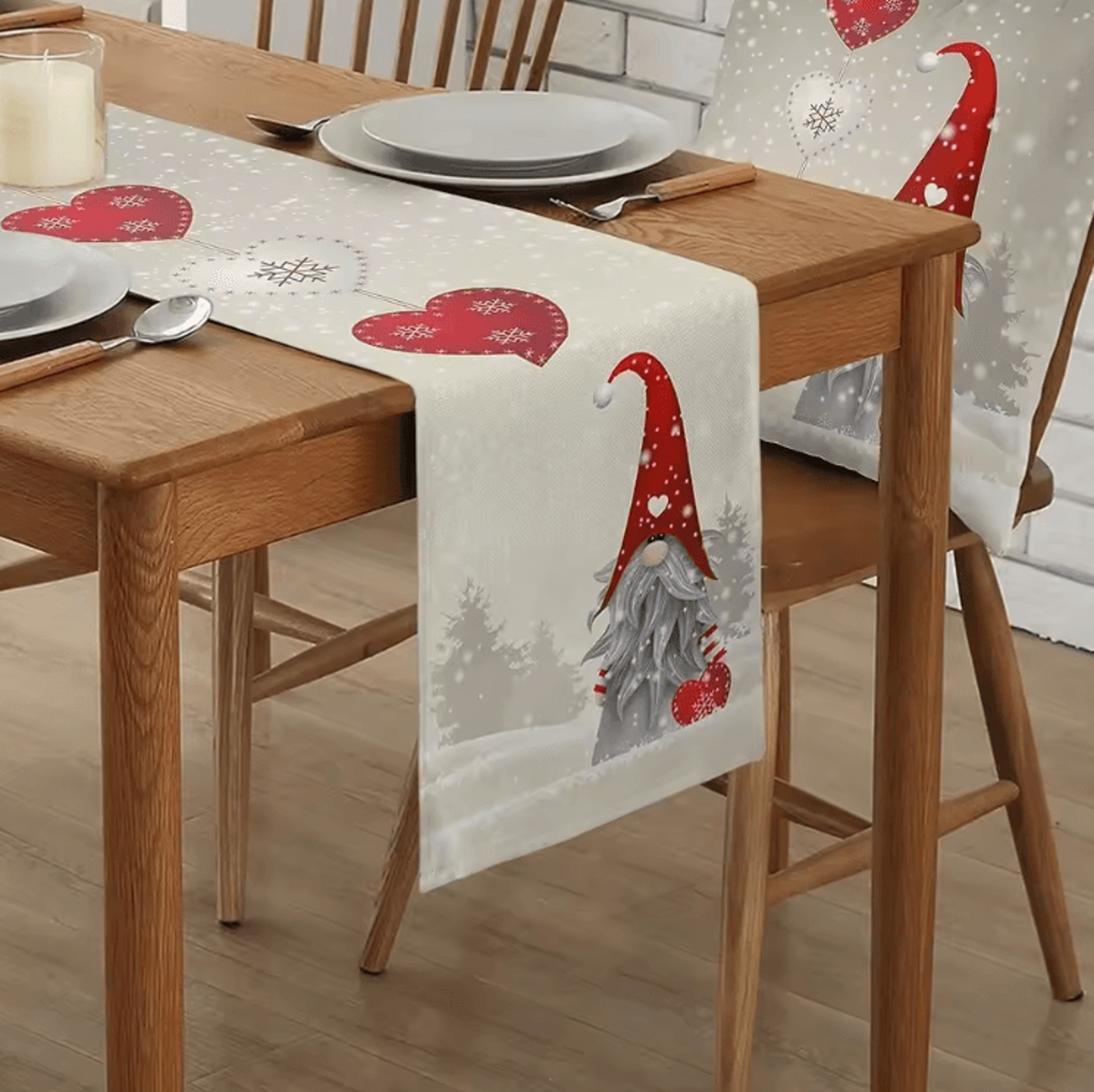 Christmas Gnome Snowflake Linen Table Runner  Festive Farmhouse Holiday Table Decor 1