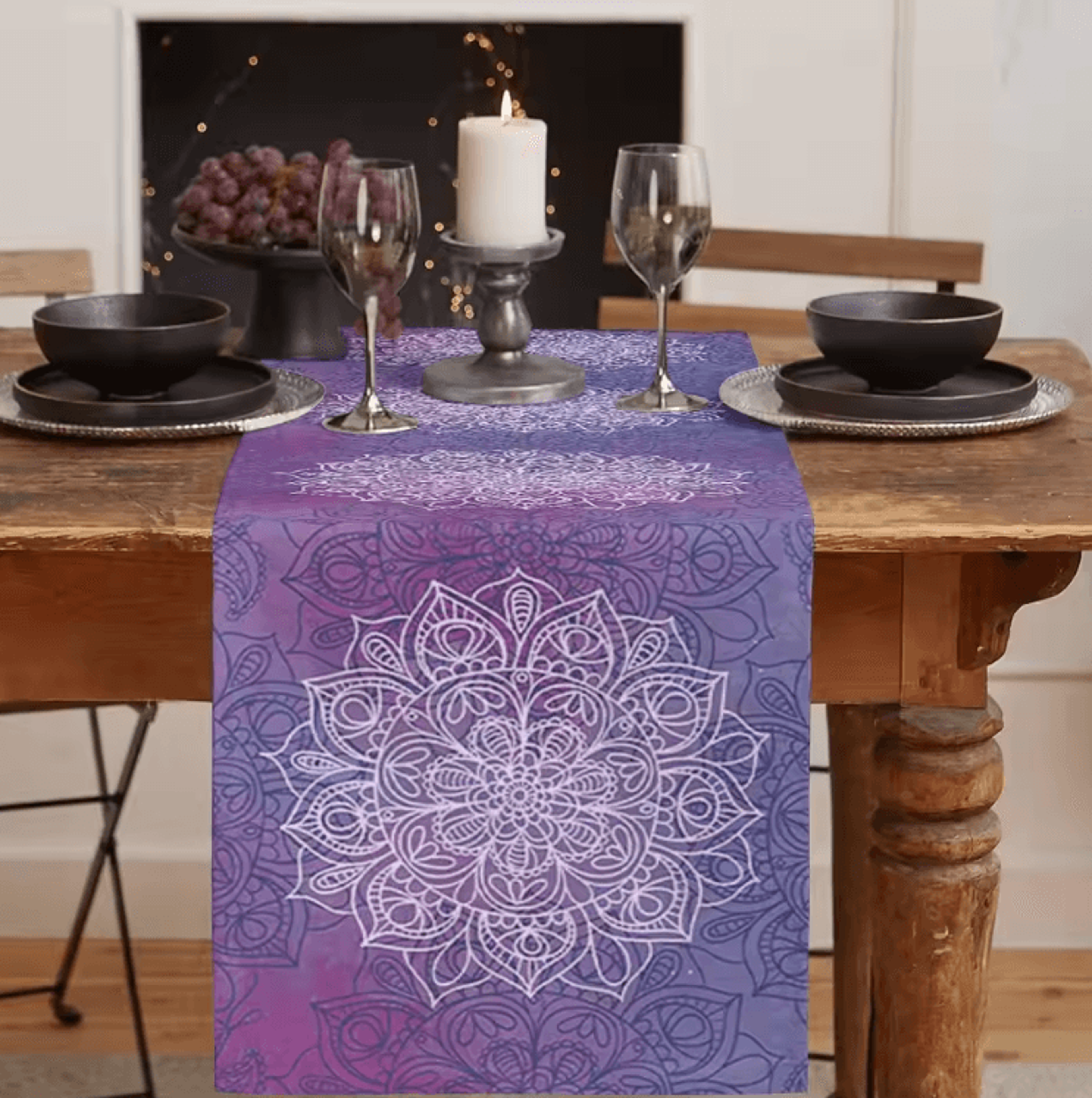 Bohemian Mandala Floral Linen Table Runner  Rustic Farmhouse Boho Table Decor 1