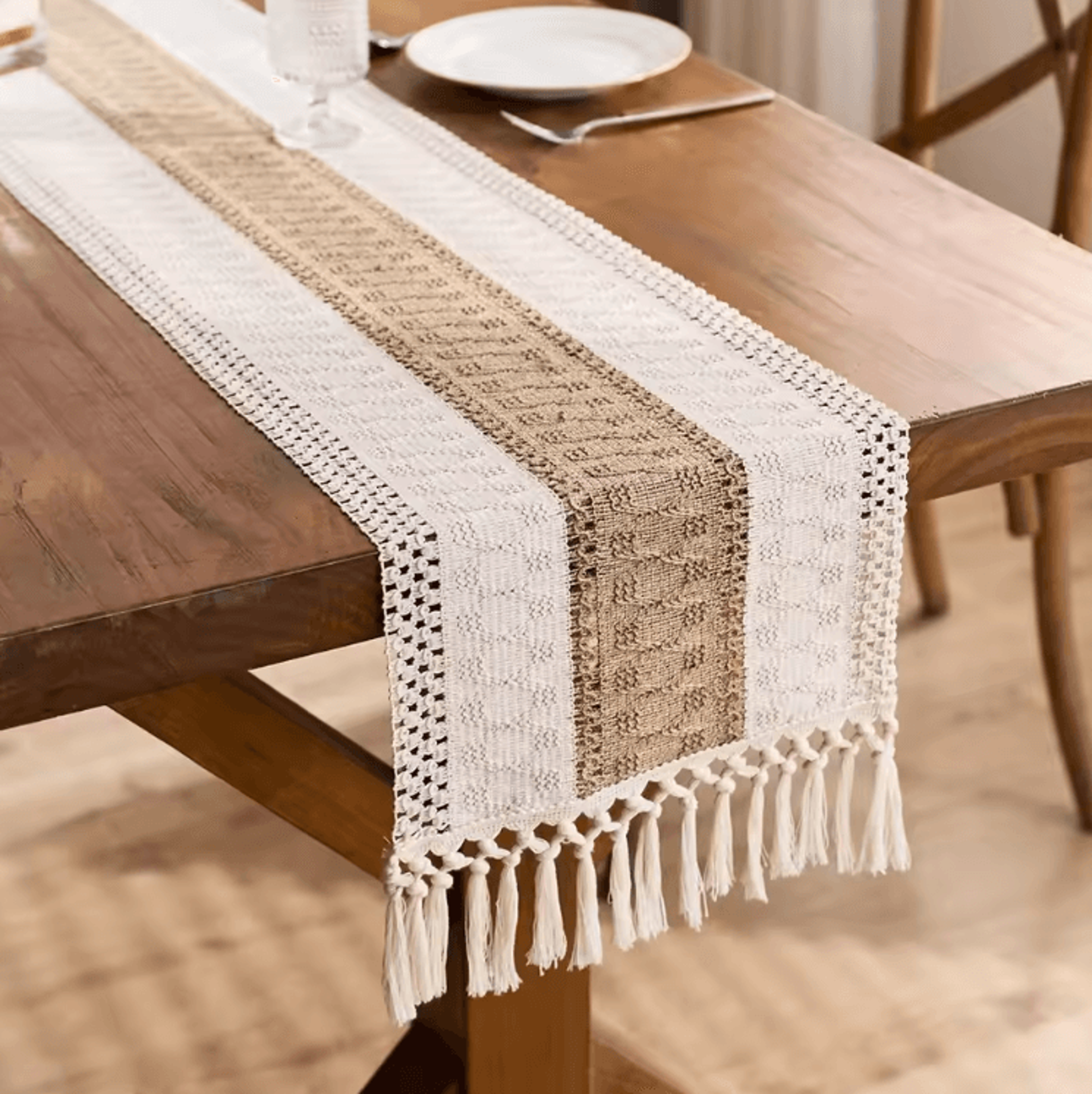 Boho Macrame Table Runner With Tassels  Cream  Brown Farmhouse Linen Table Decor 0