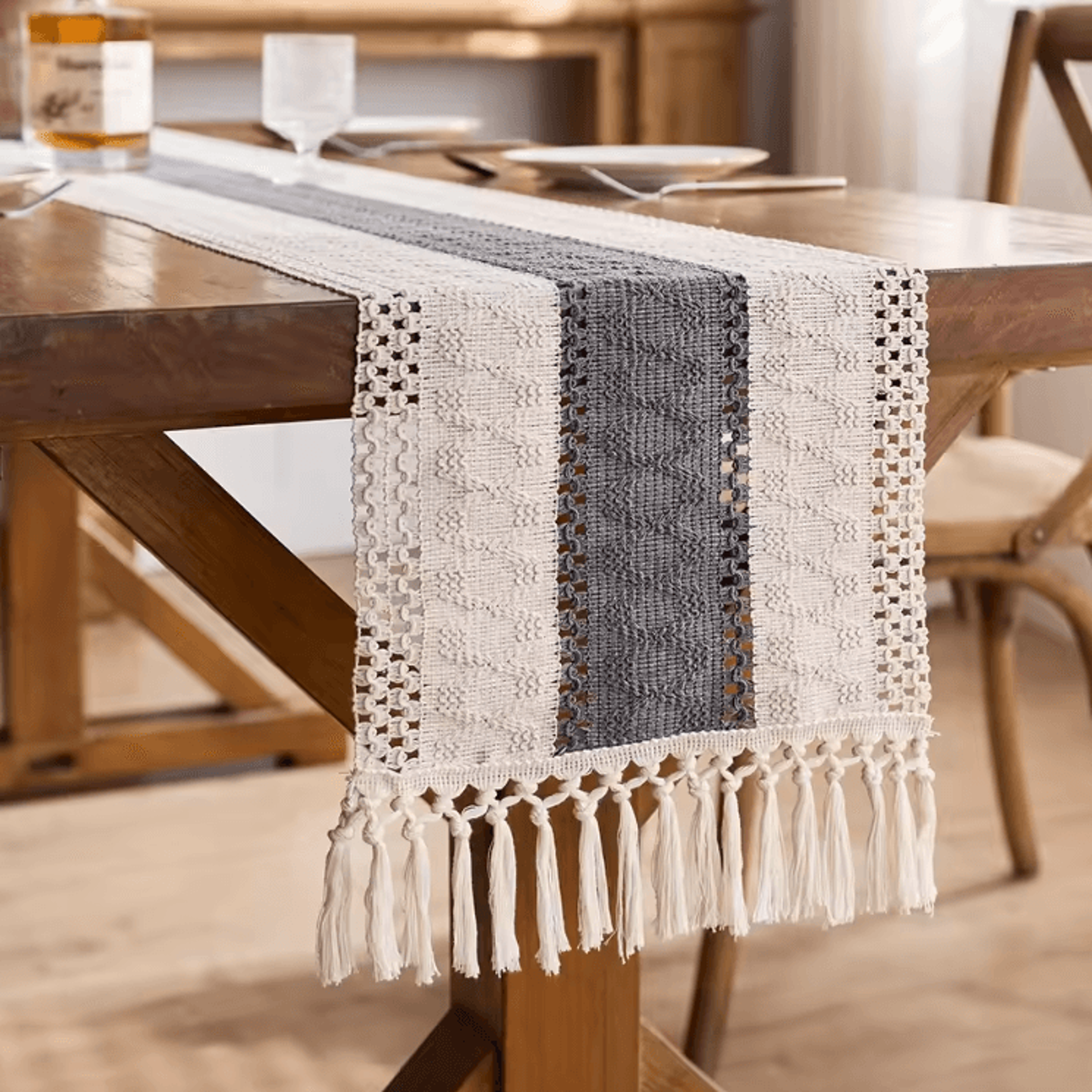 Boho Macrame Table Runner With Tassels  Cream  Brown Farmhouse Linen Table Decor 3