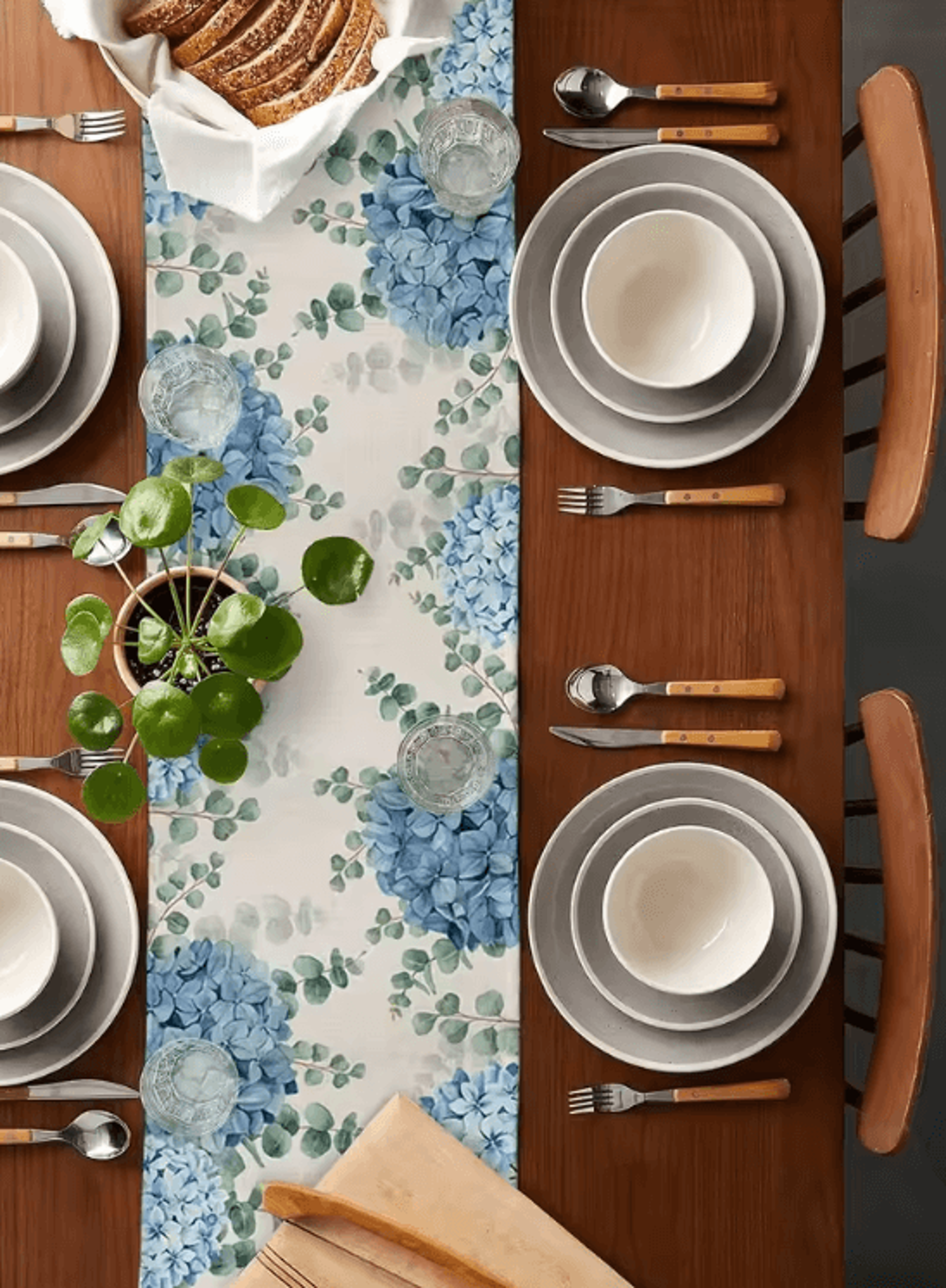 Blue Hydrangea Eucalyptus Linen Table Runner  Elegant Hydrangea Table Runner For Farmhouse  Wedding 3